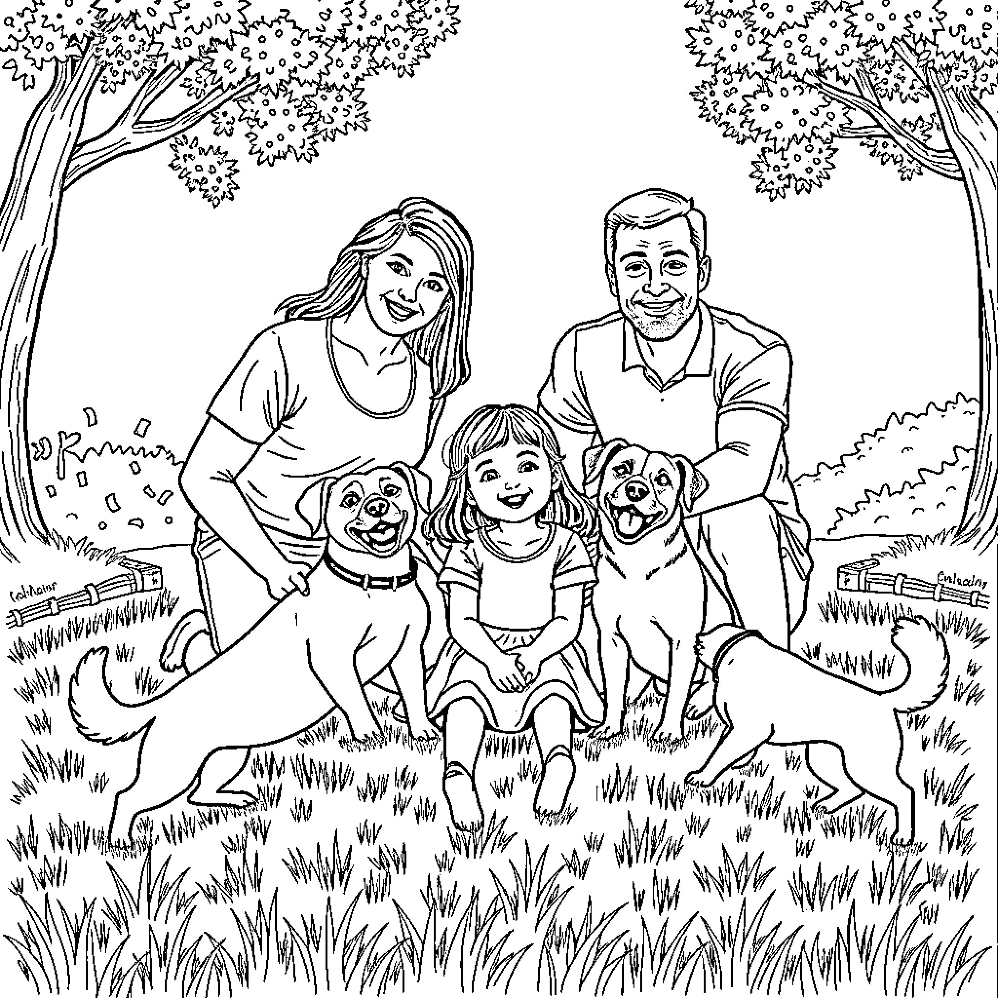 Girl and Family Enjoying Time Outdoors with Pets Coloring Page (free black-and-white line drawing printable PDF for all, from beginners to advanced learners, including children, teens, adults, and seniors)