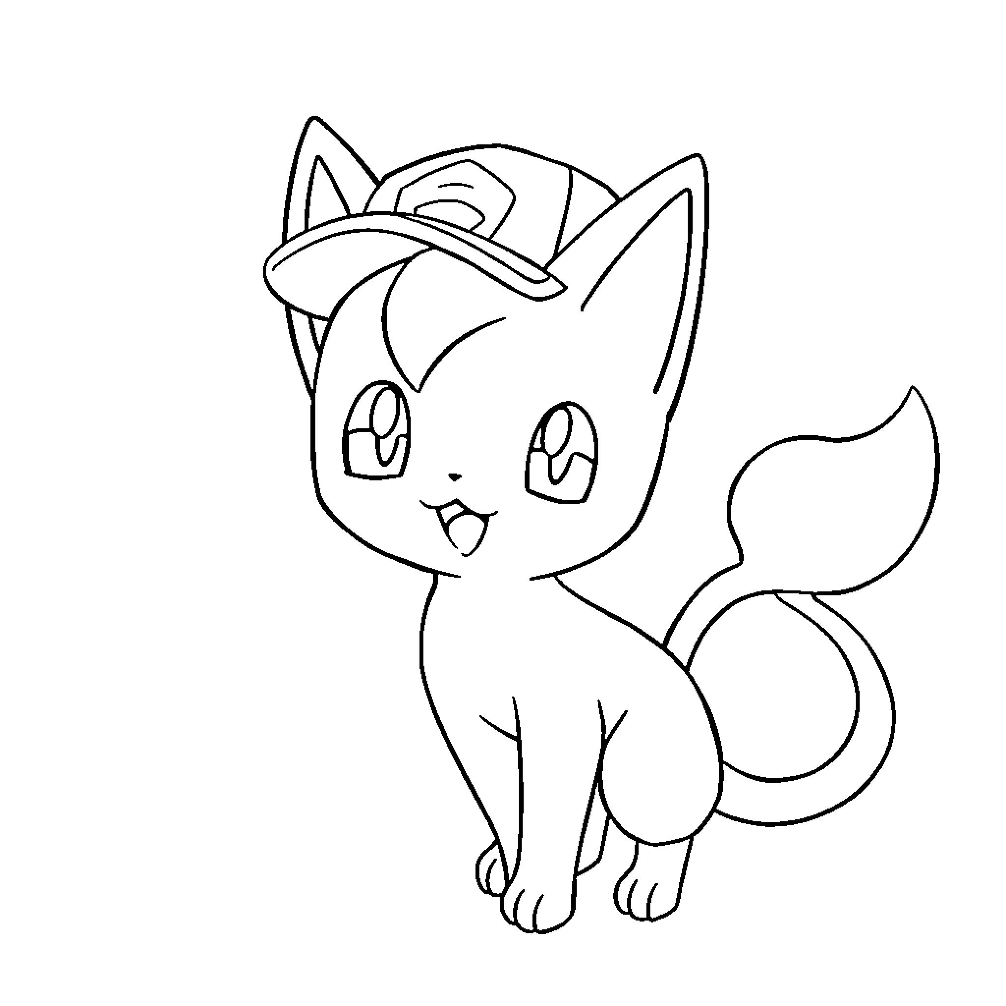 Mew Kitten Wearing Cute Cap Coloring Page (free black-and-white line drawing printable PDF for all, from beginners to advanced learners, including children, teens, adults, and seniors)