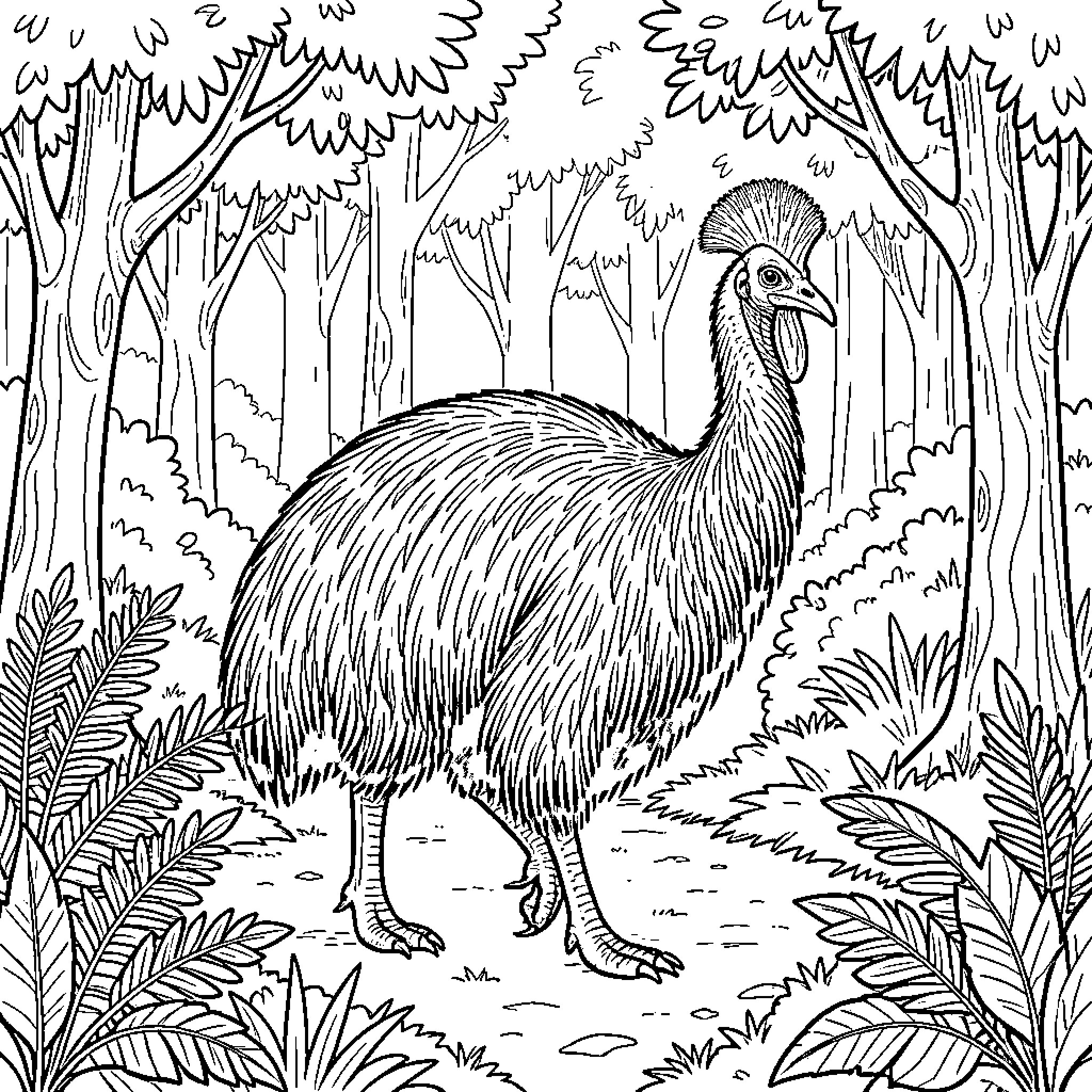 Cassowary in lush forest environment Coloring Page (free black-and-white line drawing printable PDF for all, from beginners to advanced learners, including children, teens, adults, and seniors)