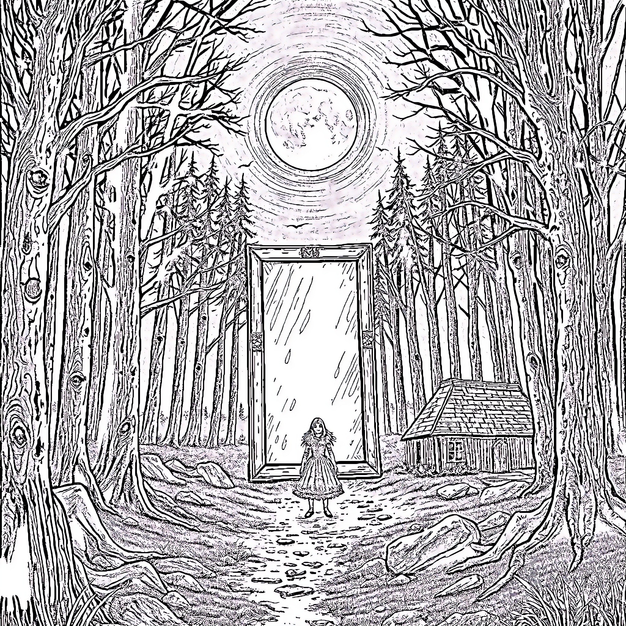 Mirror of the Enchanted Forest Coloring Page (free black-and-white line drawing printable PDF for all, from beginners to advanced learners, including children, teens, adults, and seniors)