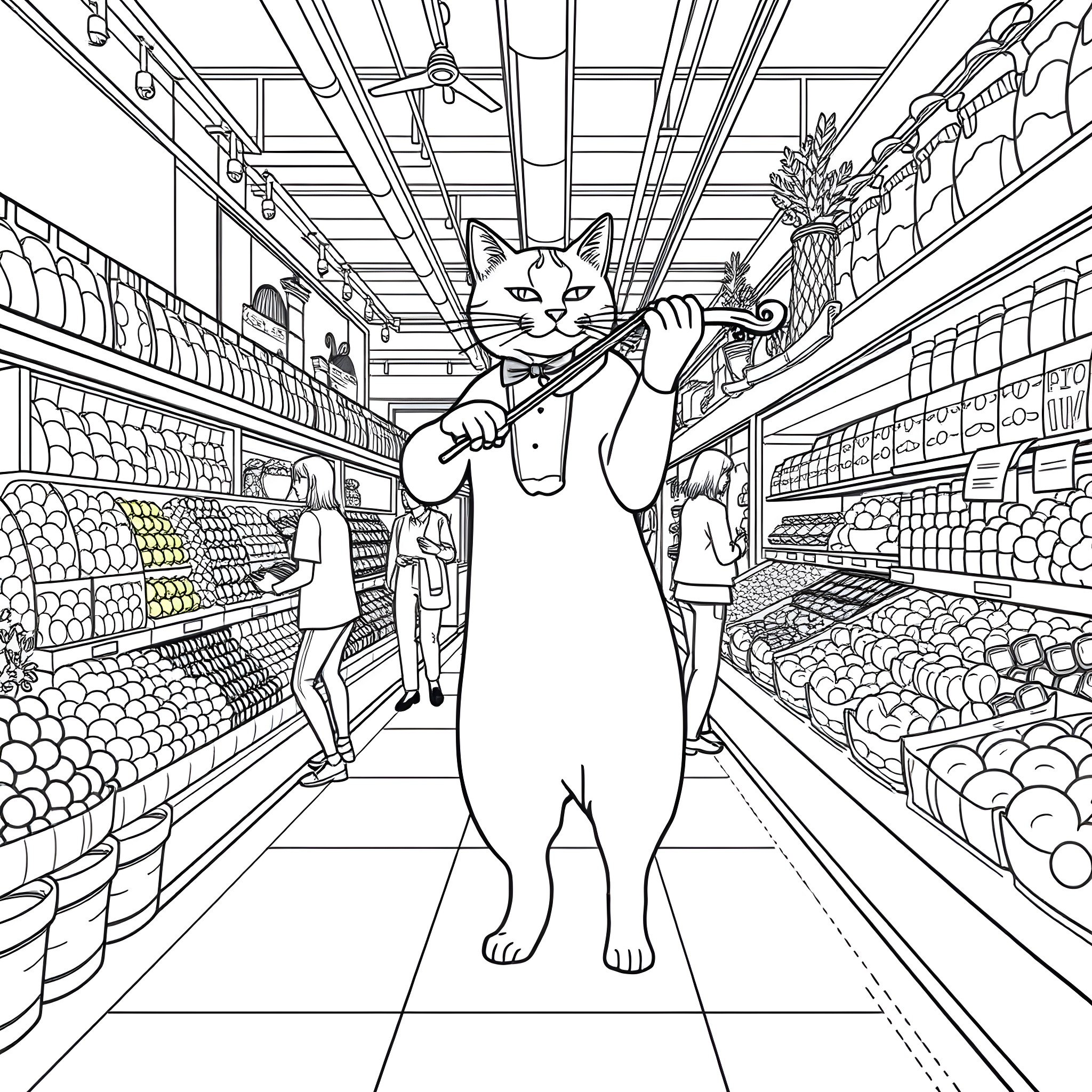Cat browsing supermarket shelves Coloring Page (free black-and-white line drawing printable PDF for all, from beginners to advanced learners, including children, teens, adults, and seniors)