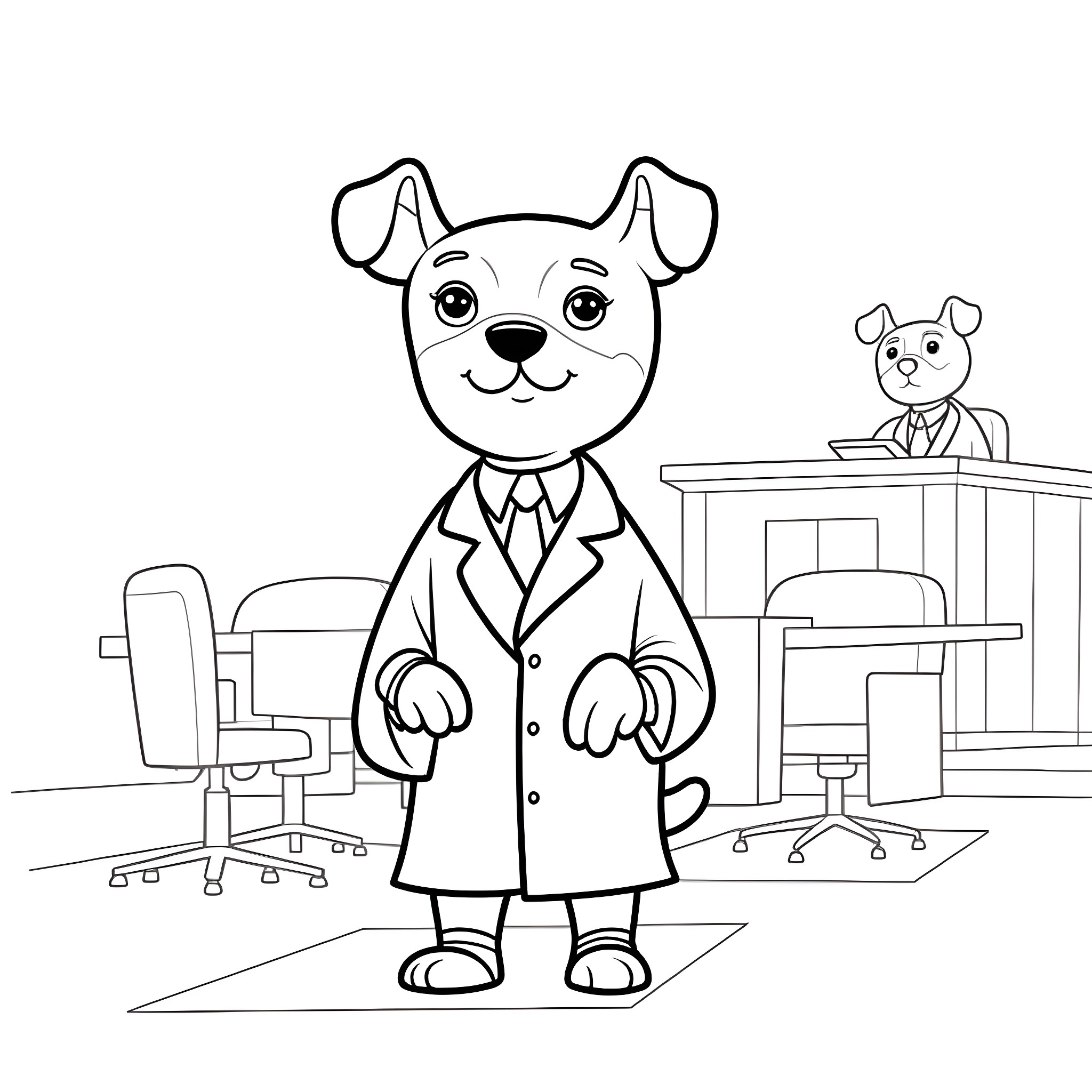 Dog veterinarian in a professional office Coloring Page (free black-and-white line drawing printable PDF for all, from beginners to advanced learners, including children, teens, adults, and seniors)