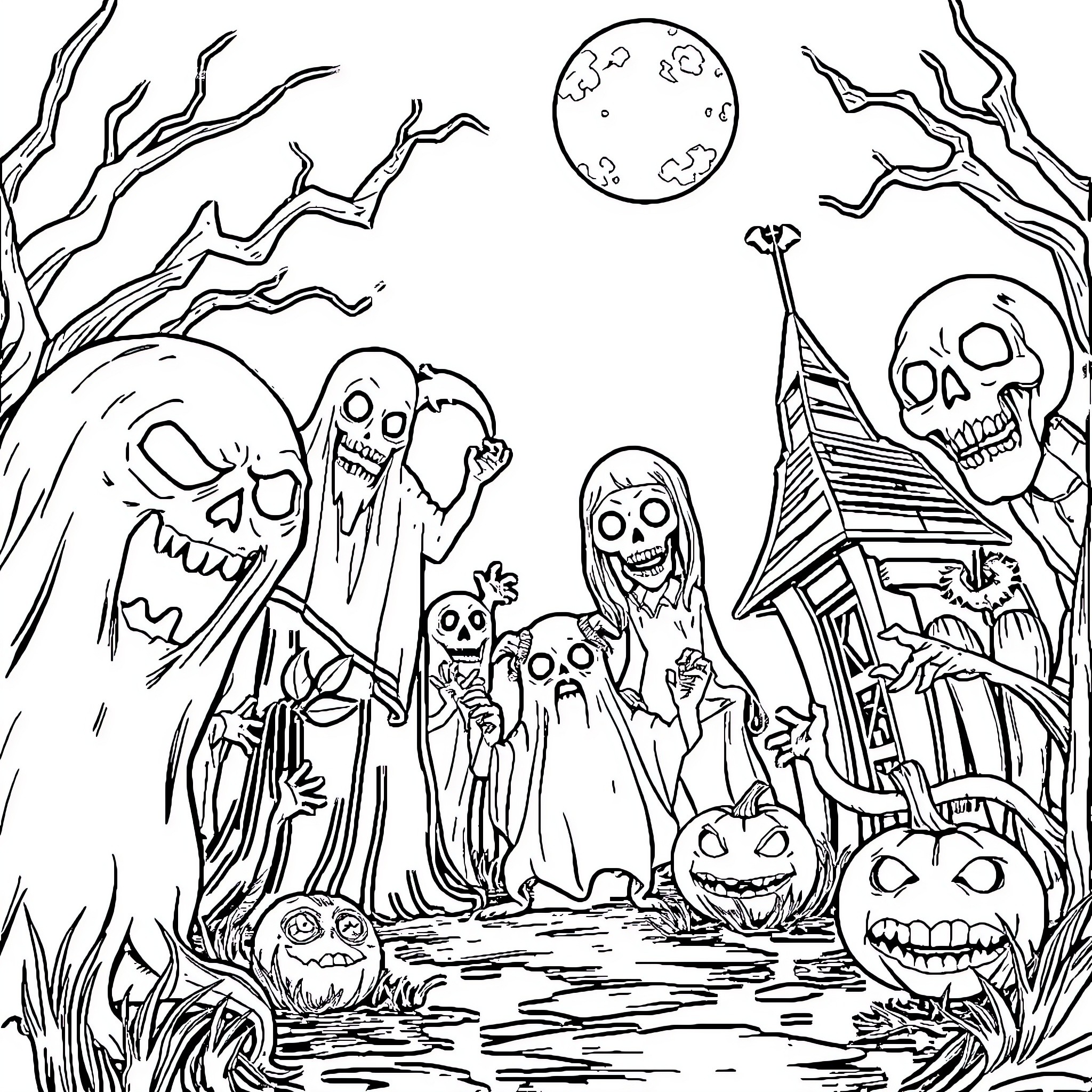 Horror Creatures Gather in the Spooky Night Coloring Page (free black-and-white line drawing printable PDF for all, from beginners to advanced learners, including children, teens, adults, and seniors)