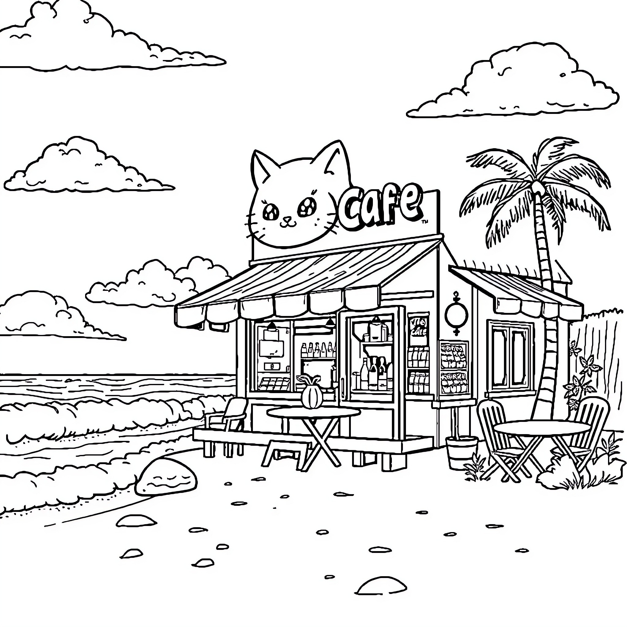 Pusheen's Tropical Cafe Adventure Coloring Page (free black-and-white line drawing printable PDF for all, from beginners to advanced learners, including children, teens, adults, and seniors)