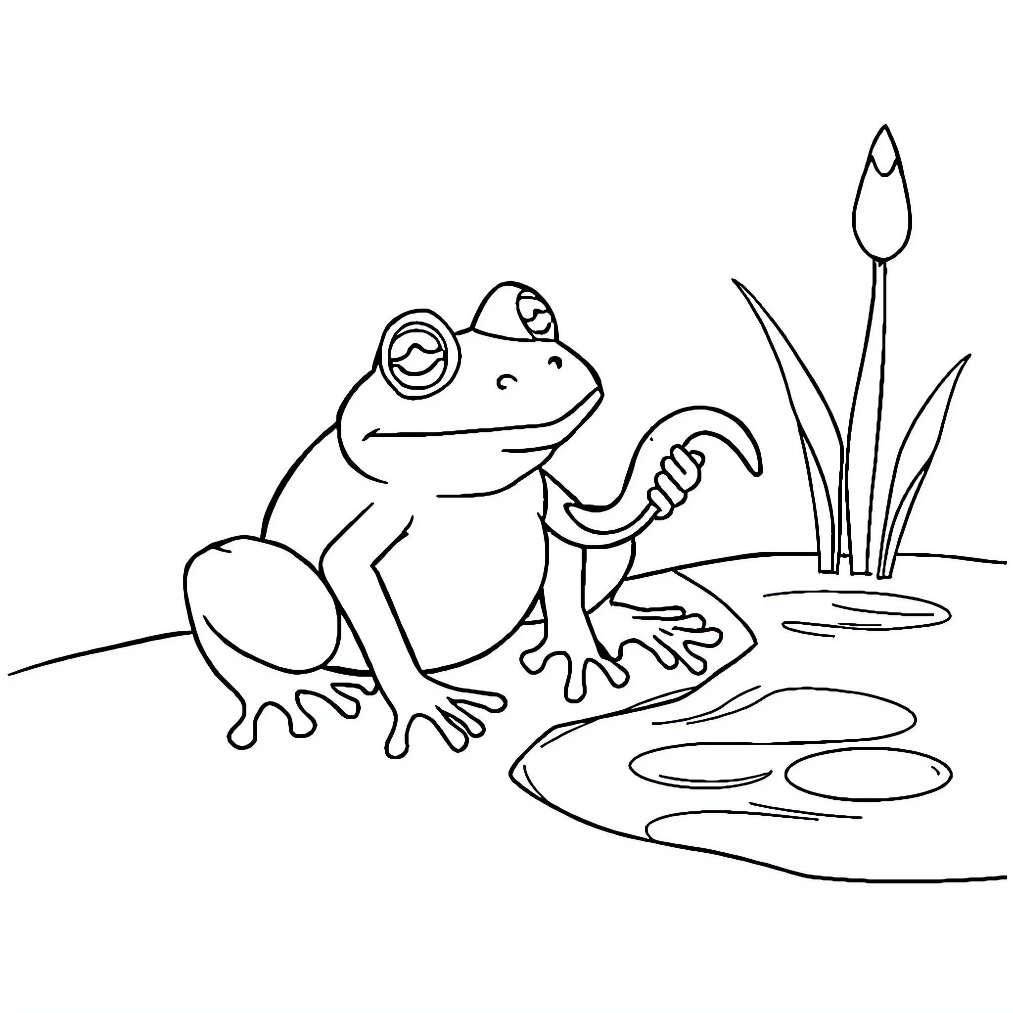 Frog sitting by the pond Coloring Page (free black-and-white line drawing printable PDF for all, from beginners to advanced learners, including children, teens, adults, and seniors)