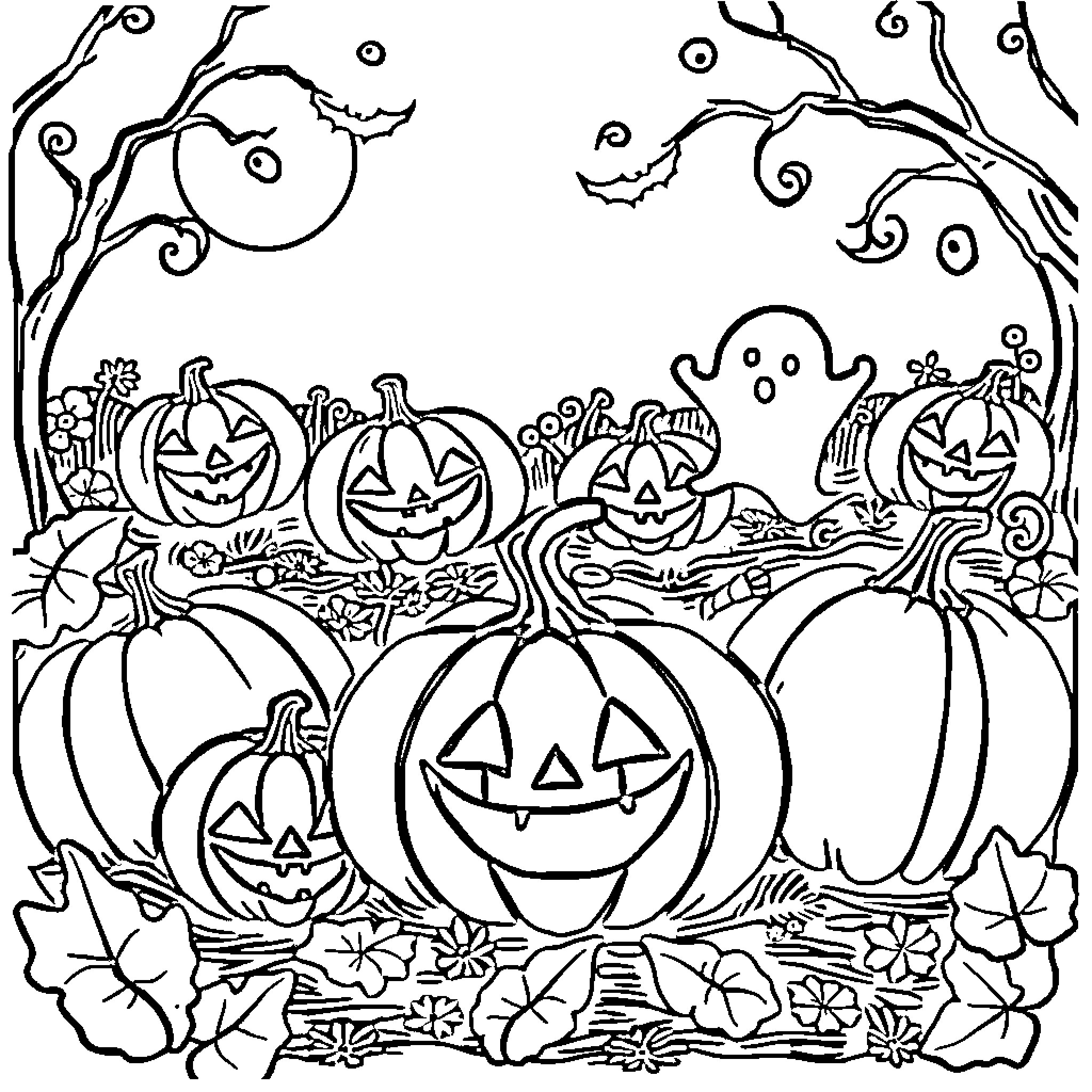 Pumpkin patch filled with Halloween characters and decorations Coloring Page (free black-and-white line drawing printable PDF for all, from beginners to advanced learners, including children, teens, adults, and seniors)