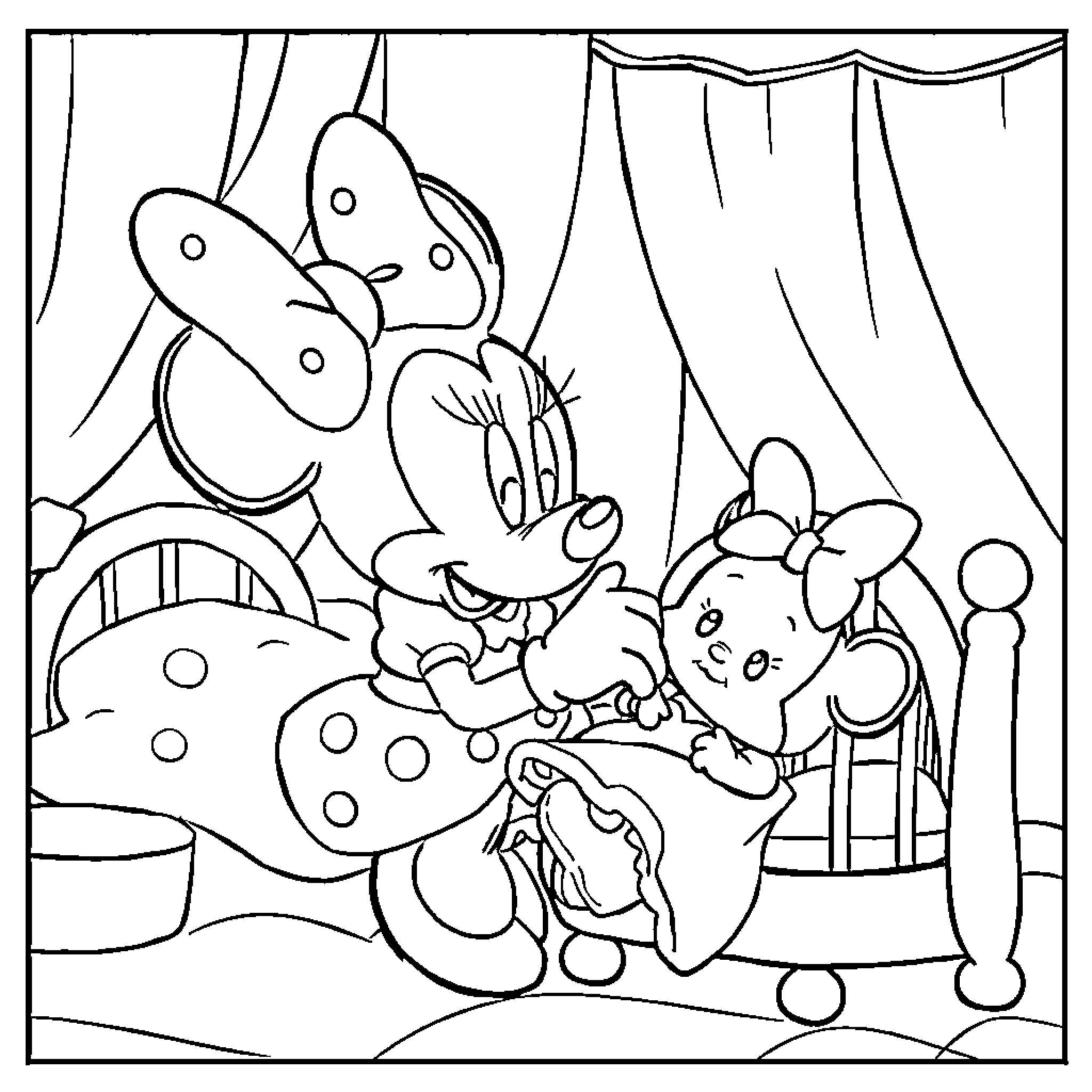 Minnie playing gently with a baby in a crib Coloring Page (free black-and-white line drawing printable PDF for all, from beginners to advanced learners, including children, teens, adults, and seniors)