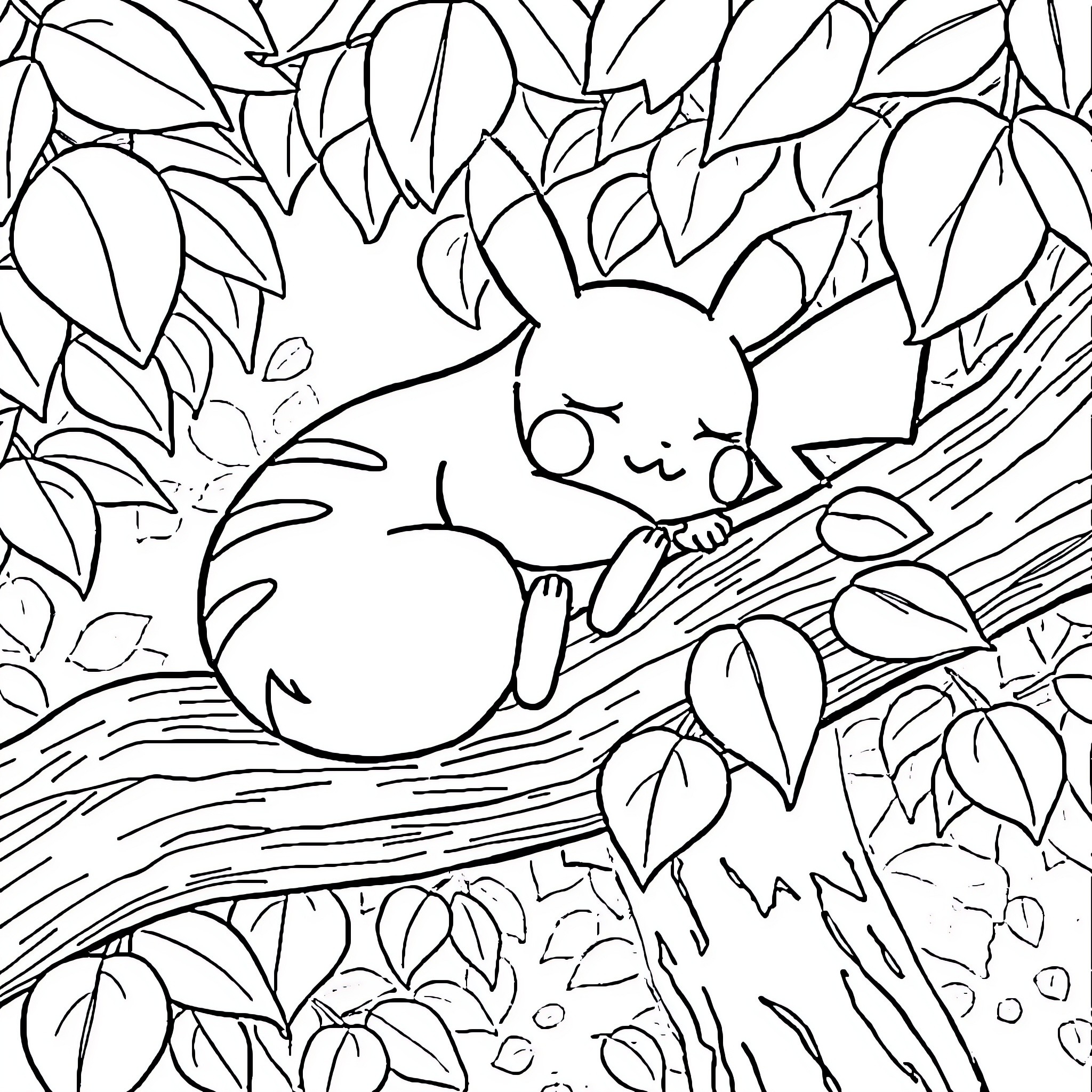 Pikachu sleeping peacefully in the forest Coloring Page (free black-and-white line drawing printable PDF for all, from beginners to advanced learners, including children, teens, adults, and seniors)