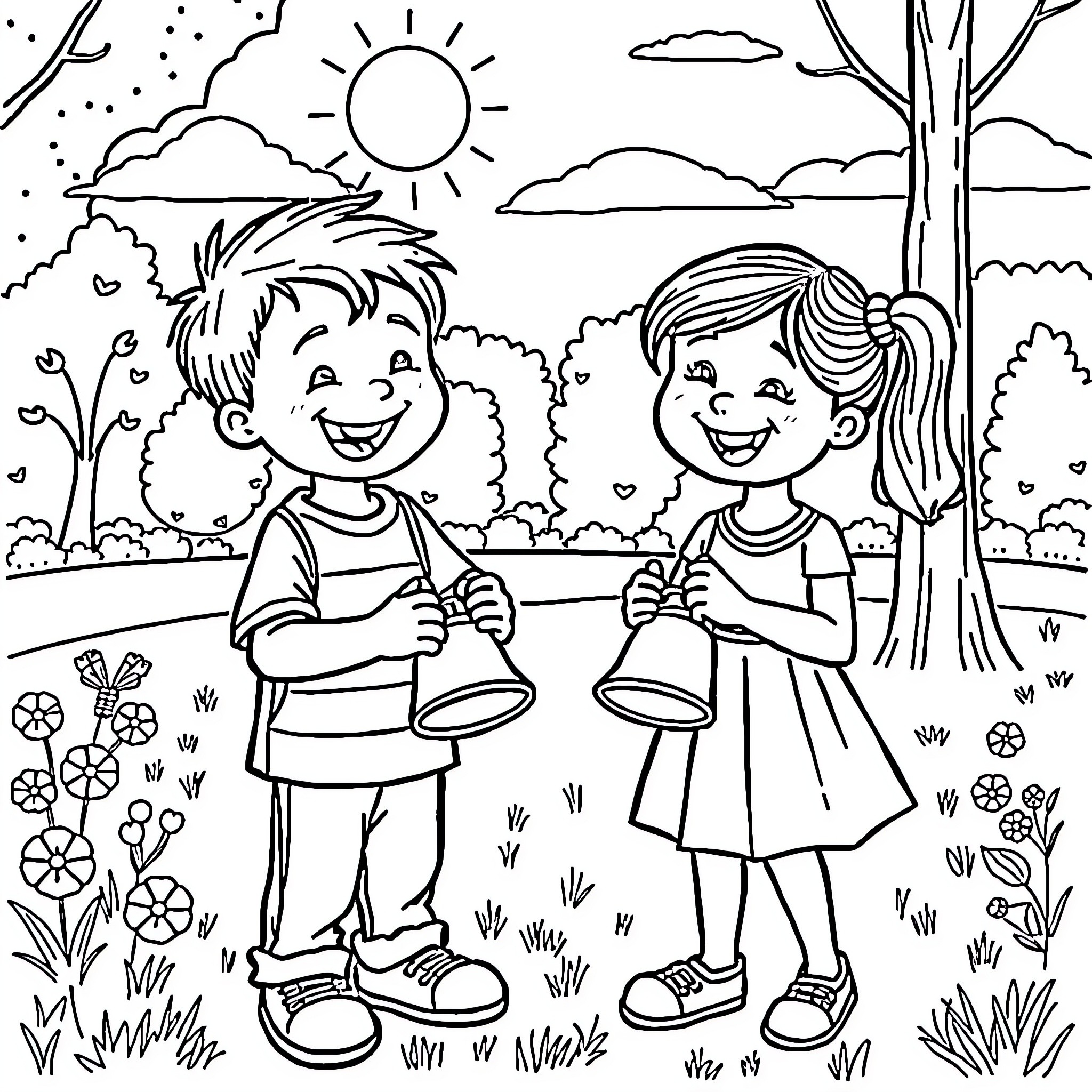 Boy and Girl Enjoying Nature Together Coloring Page (free black-and-white line drawing printable PDF for all, from beginners to advanced learners, including children, teens, adults, and seniors)