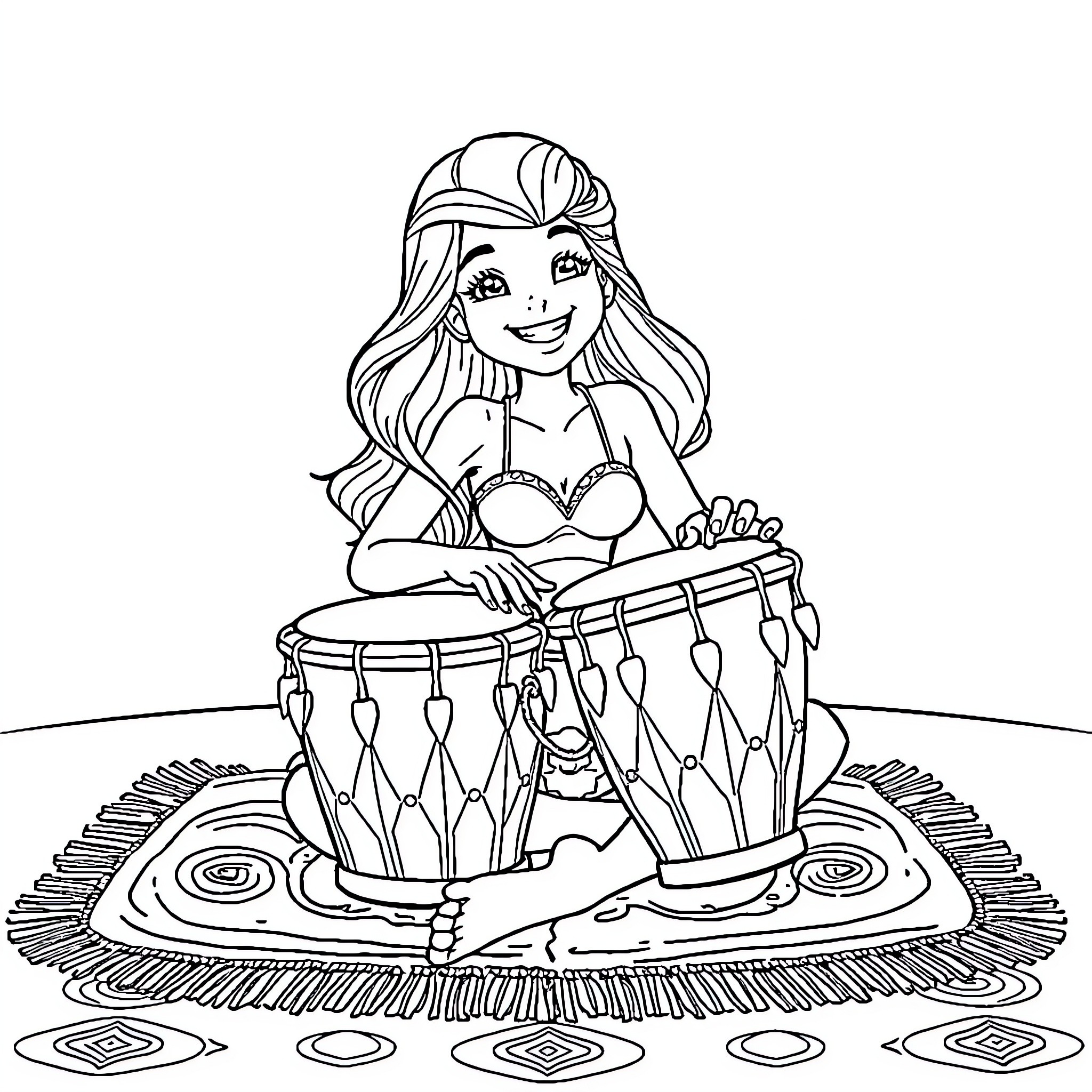 Belle Delphine playing drums on a magical carpet Coloring Page (free black-and-white line drawing printable PDF for all, from beginners to advanced learners, including children, teens, adults, and seniors)