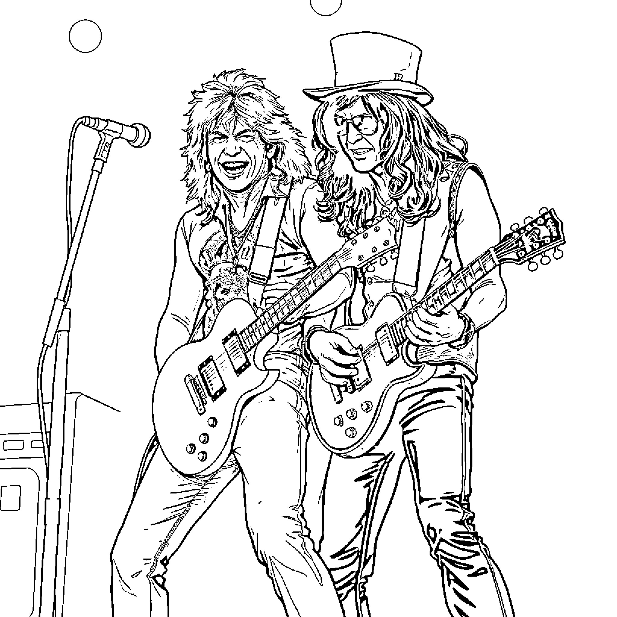 Eddie Van Halen Live on Stage with Bandmate Coloring Page (free black-and-white line drawing printable PDF for all, from beginners to advanced learners, including children, teens, adults, and seniors)