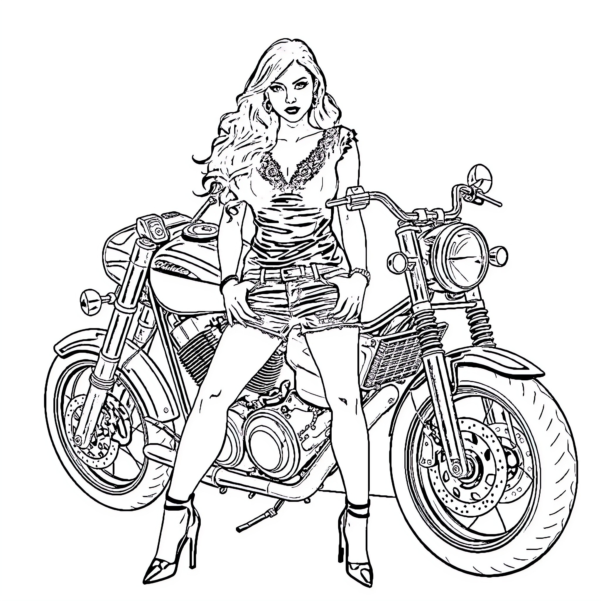 Christina Hendricks riding a motorcycle Coloring Page (free black-and-white line drawing printable PDF for all, from beginners to advanced learners, including children, teens, adults, and seniors)