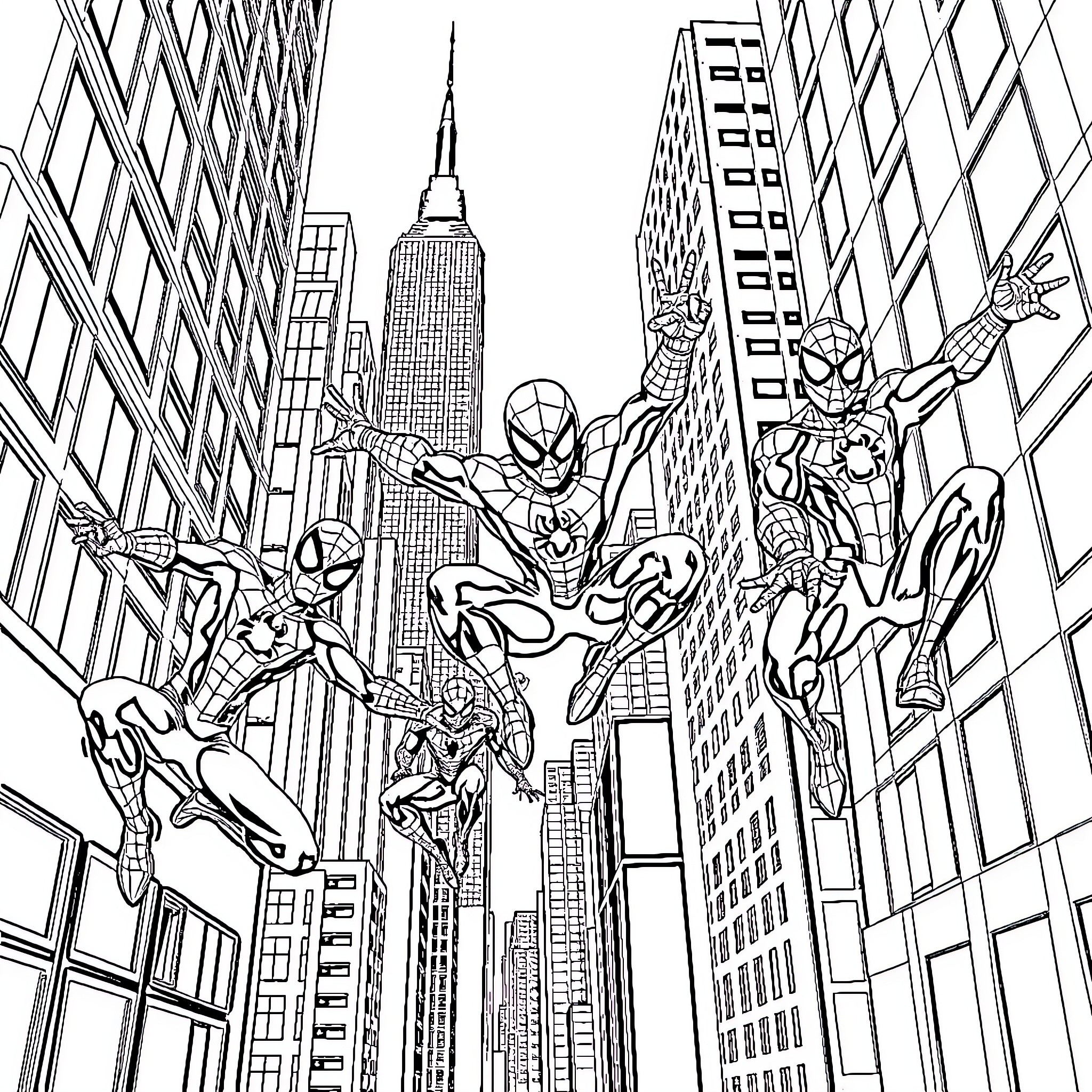Spider-Man Superheroes Swinging Through New York City Coloring Page (free black-and-white line drawing printable PDF for all, from beginners to advanced learners, including children, teens, adults, and seniors)