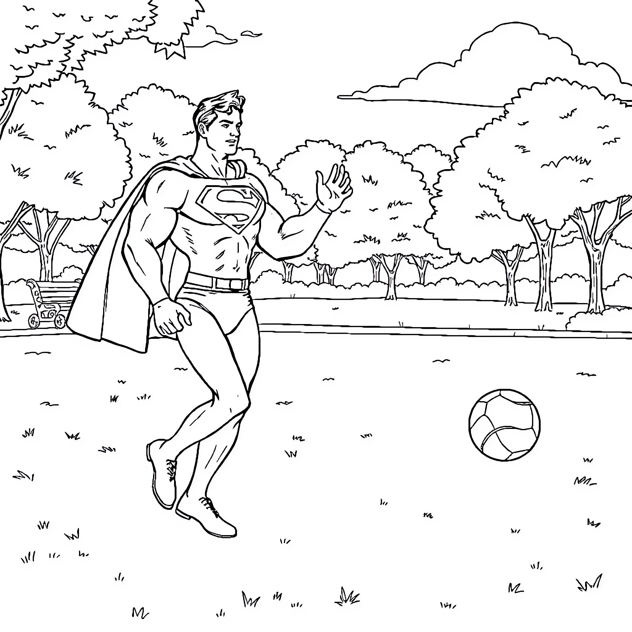 Superman playing with a ball in a park Coloring Page (free black-and-white line drawing printable PDF for all, from beginners to advanced learners, including children, teens, adults, and seniors)