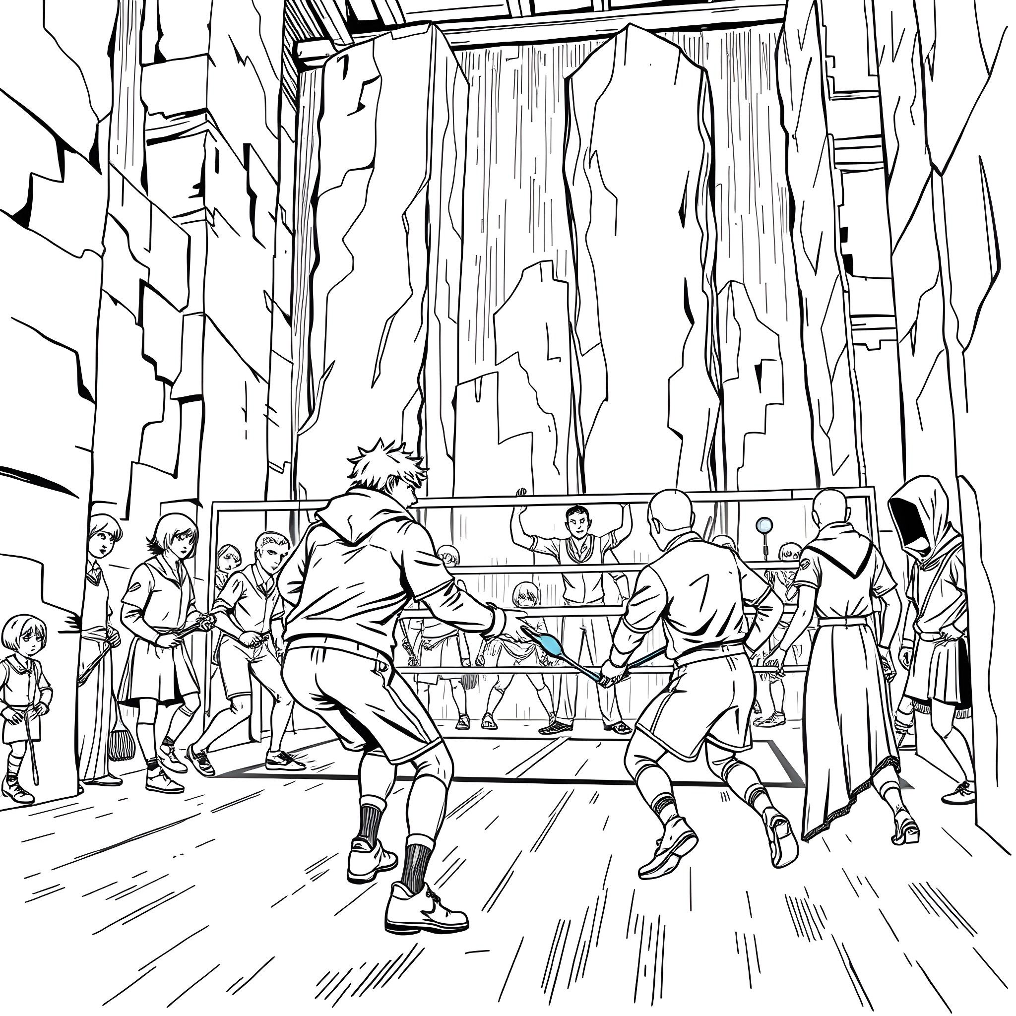 Squid Game competitors in action-packed scene Coloring Page (free black-and-white line drawing printable PDF for all, from beginners to advanced learners, including children, teens, adults, and seniors)