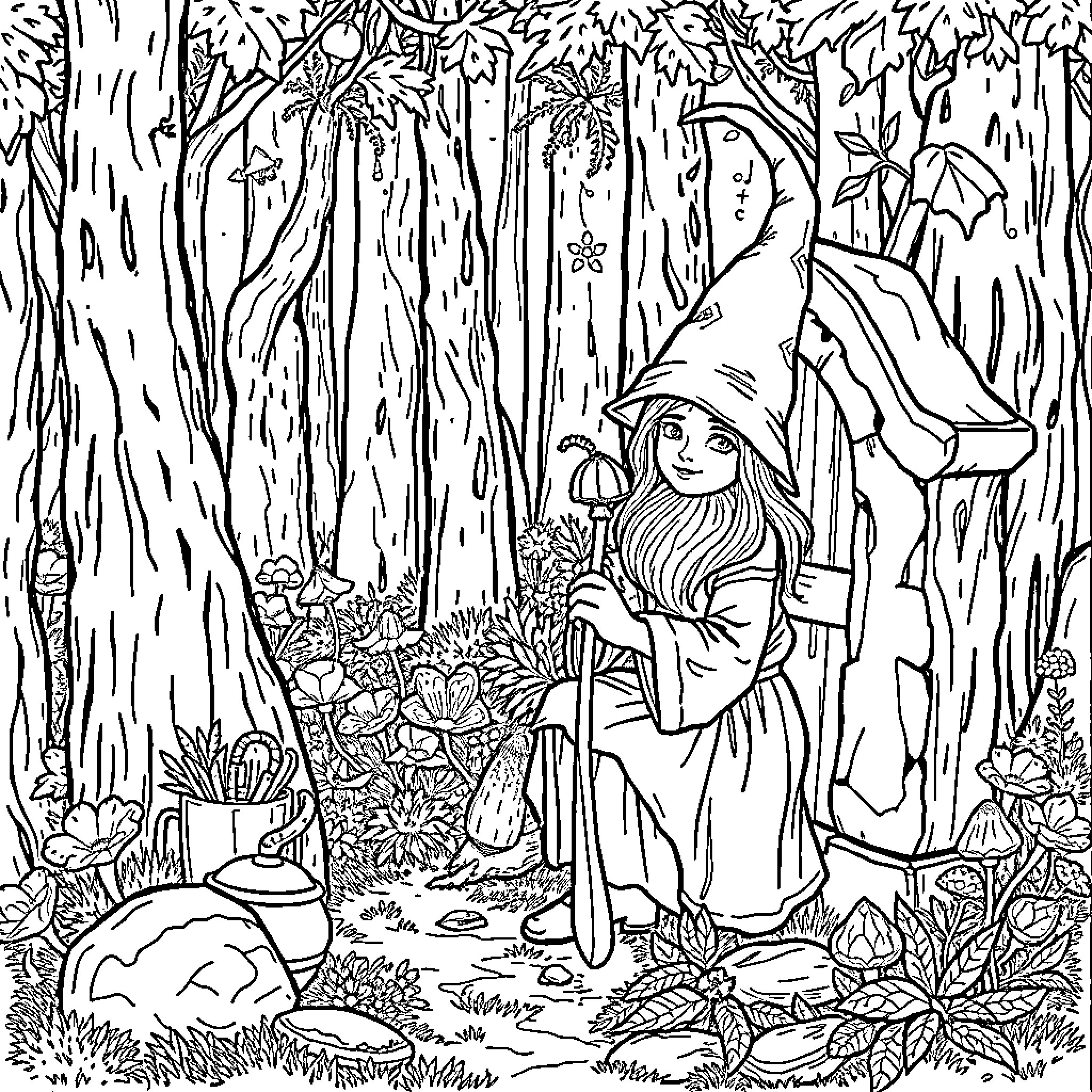 Gnome exploring enchanted forest Coloring Page (free black-and-white line drawing printable PDF for all, from beginners to advanced learners, including children, teens, adults, and seniors)