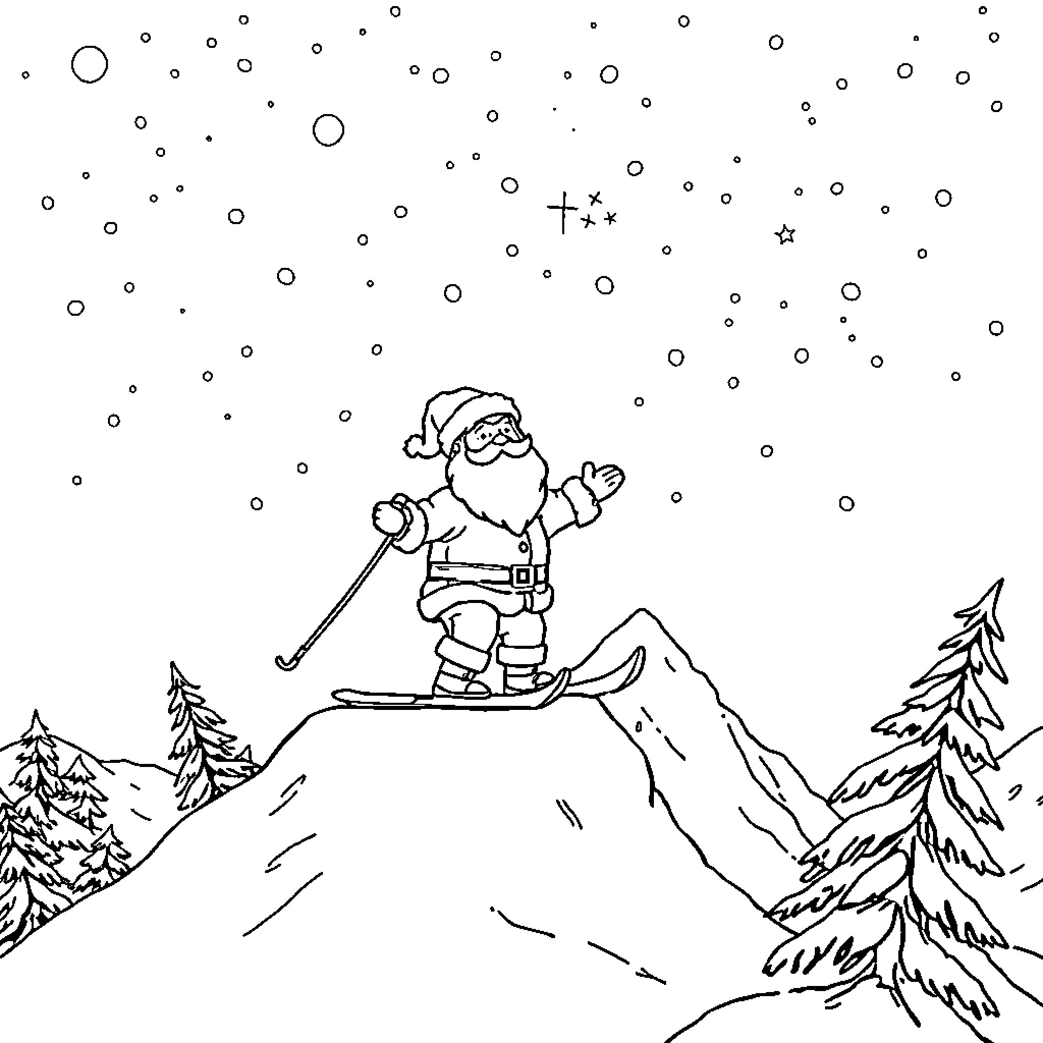 Santa skiing joyfully in winter wonderland Coloring Page (free black-and-white line drawing printable PDF for all, from beginners to advanced learners, including children, teens, adults, and seniors)
