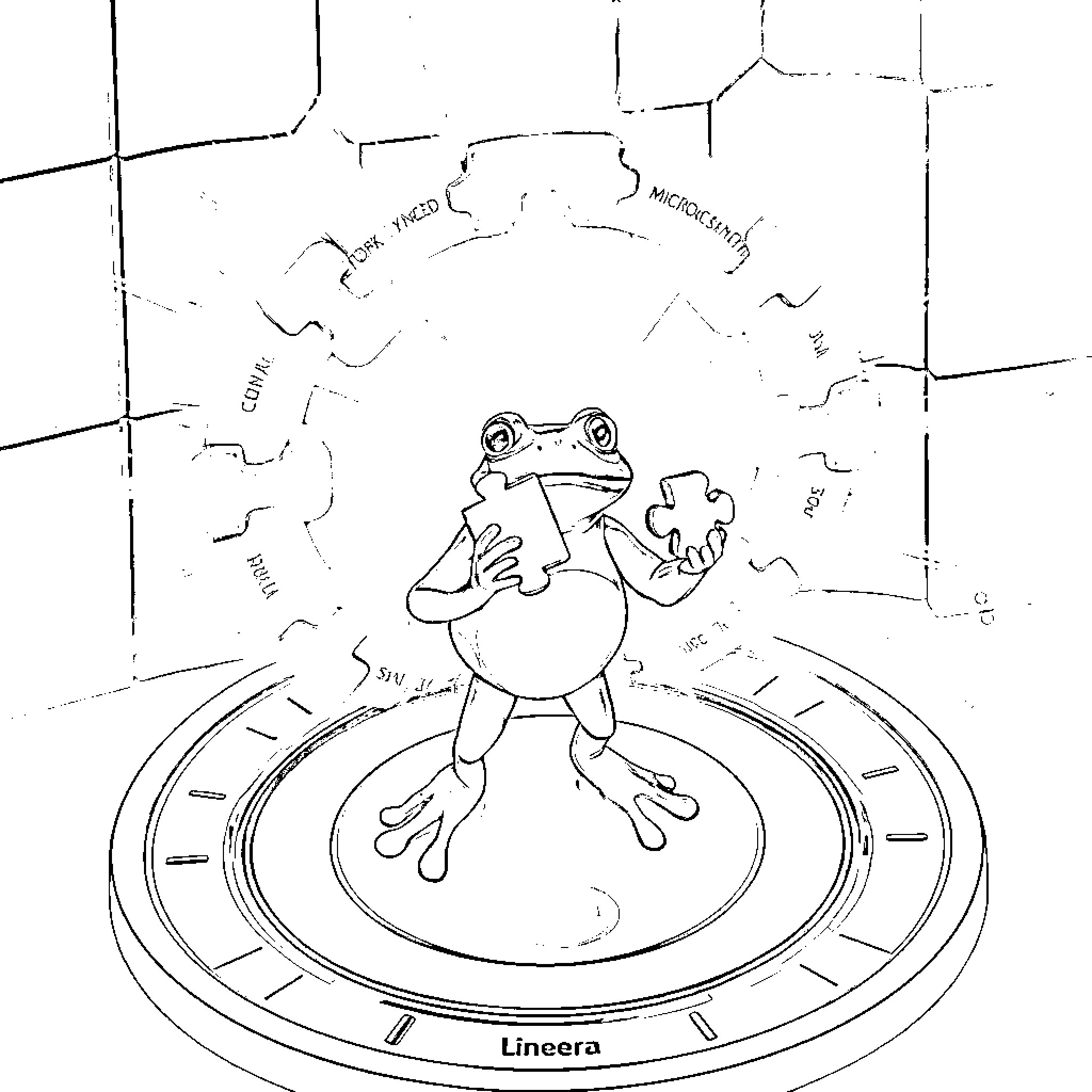 Pepe the frog relaxing on a circular platform Coloring Page (free black-and-white line drawing printable PDF for all, from beginners to advanced learners, including children, teens, adults, and seniors)