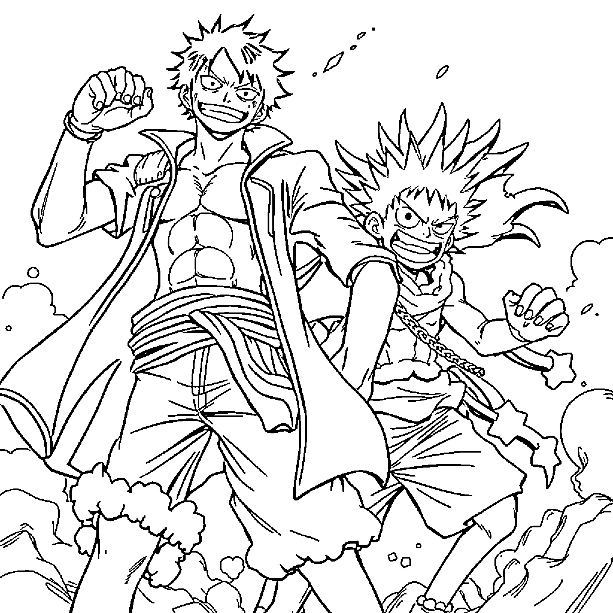 Luffy and Natsu - Energetic Heroes in Action Coloring Page (free black-and-white line drawing printable PDF for all, from beginners to advanced learners, including children, teens, adults, and seniors)