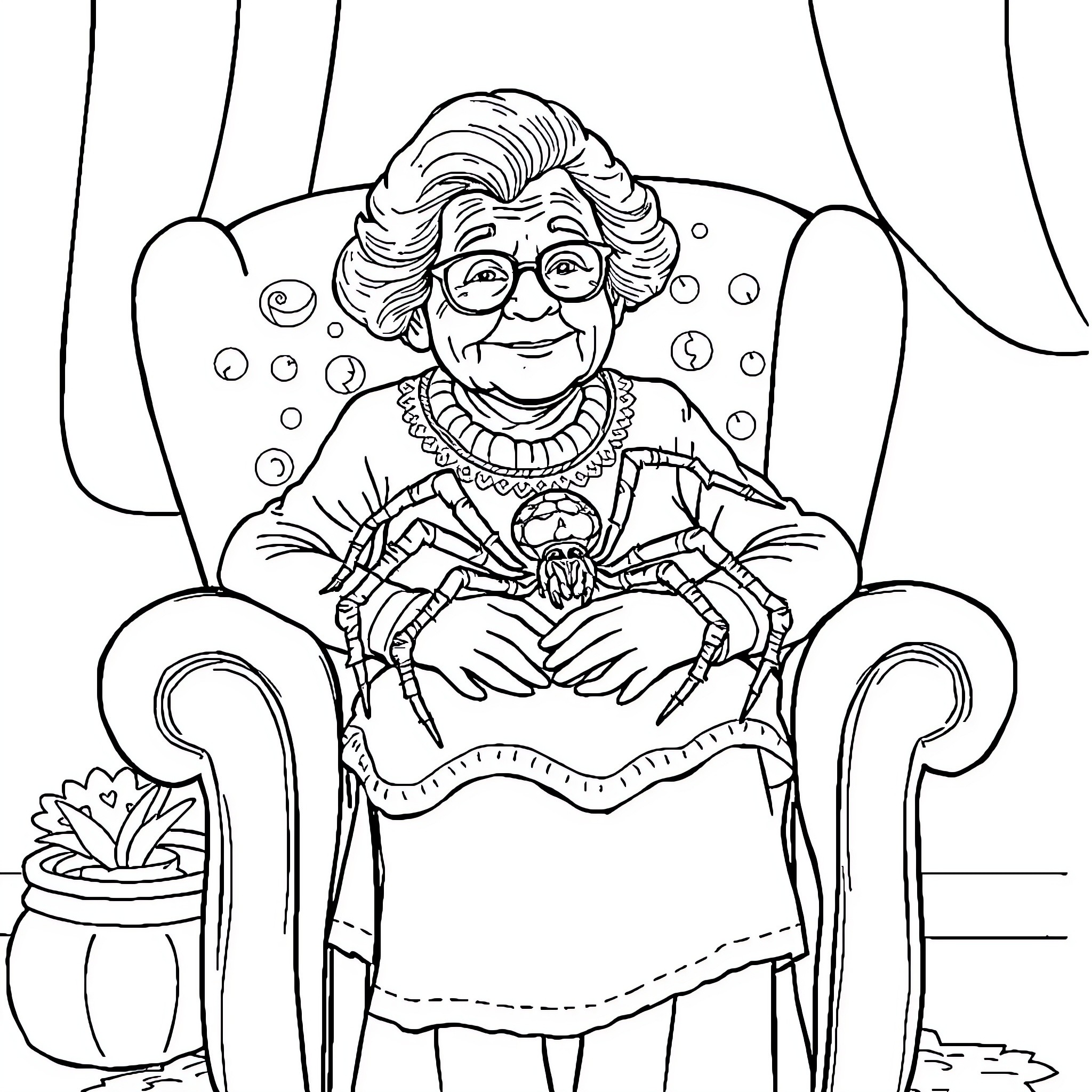 Granny Sitting Comfortably in Her Armchair Coloring Page (free black-and-white line drawing printable PDF for all, from beginners to advanced learners, including children, teens, adults, and seniors)