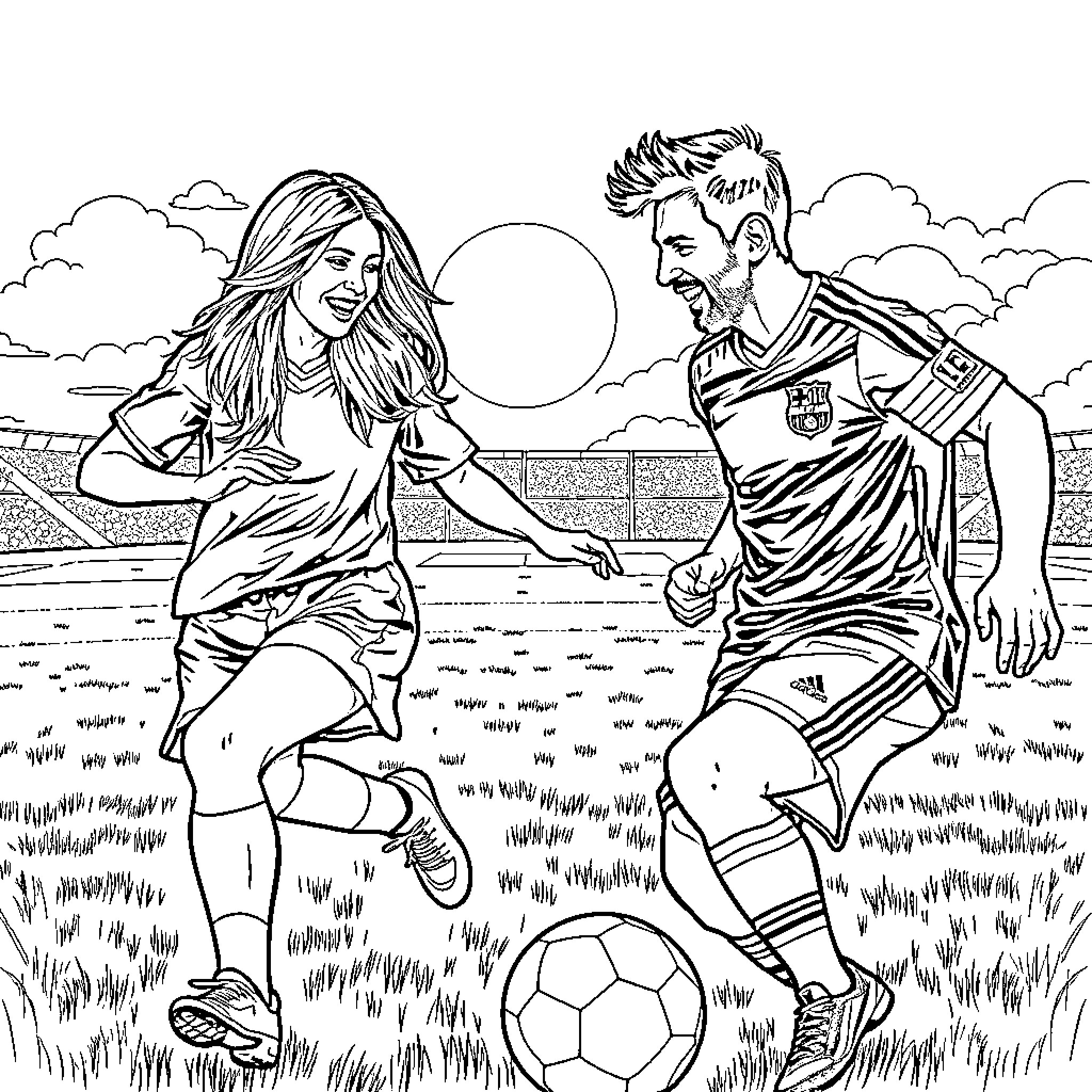 Jennifer Aniston and Soccer Player in Casual Sports Attire Coloring Page (free black-and-white line drawing printable PDF for all, from beginners to advanced learners, including children, teens, adults, and seniors)