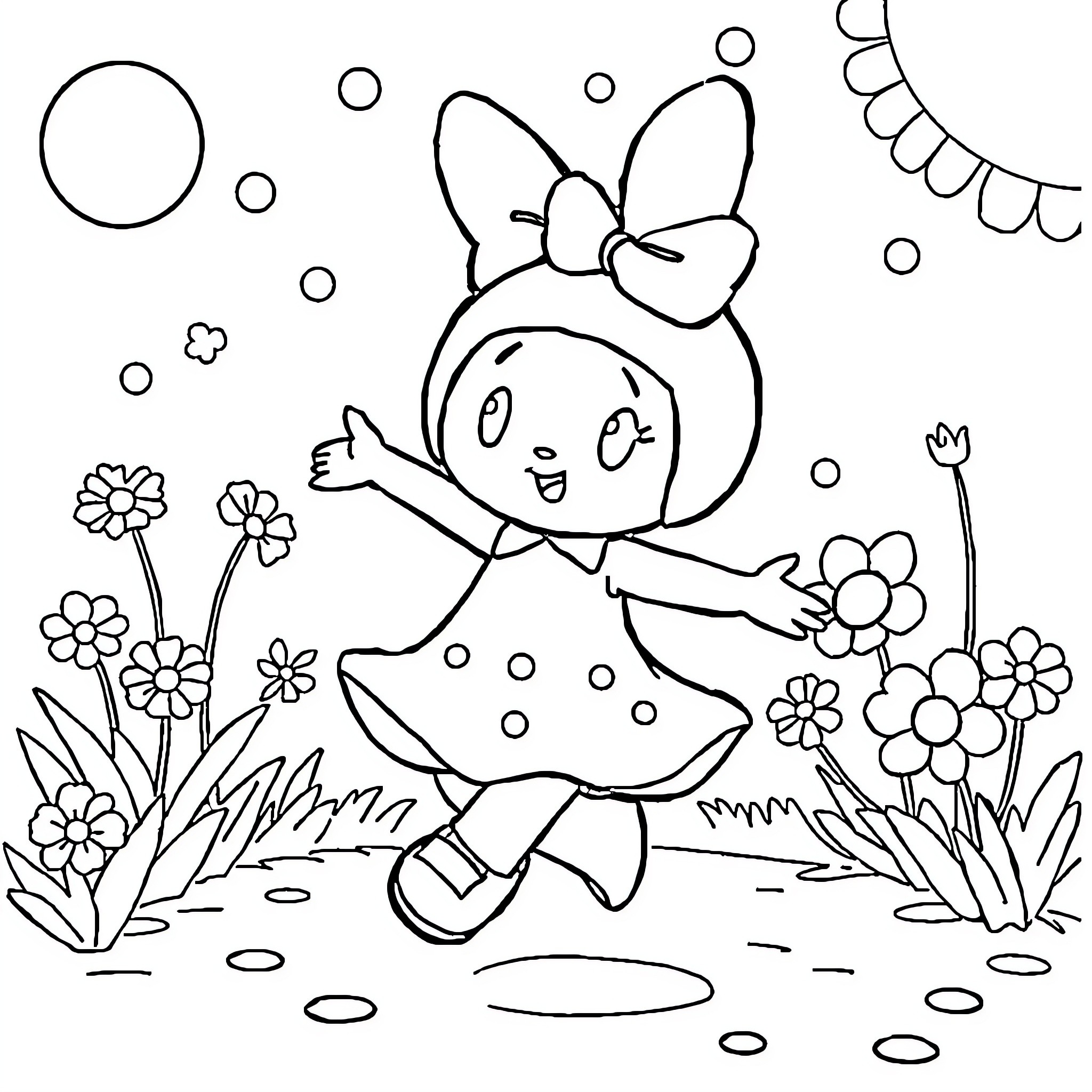My Melody Playing Happily in a Floral Garden Coloring Page (free black-and-white line drawing printable PDF for all, from beginners to advanced learners, including children, teens, adults, and seniors)