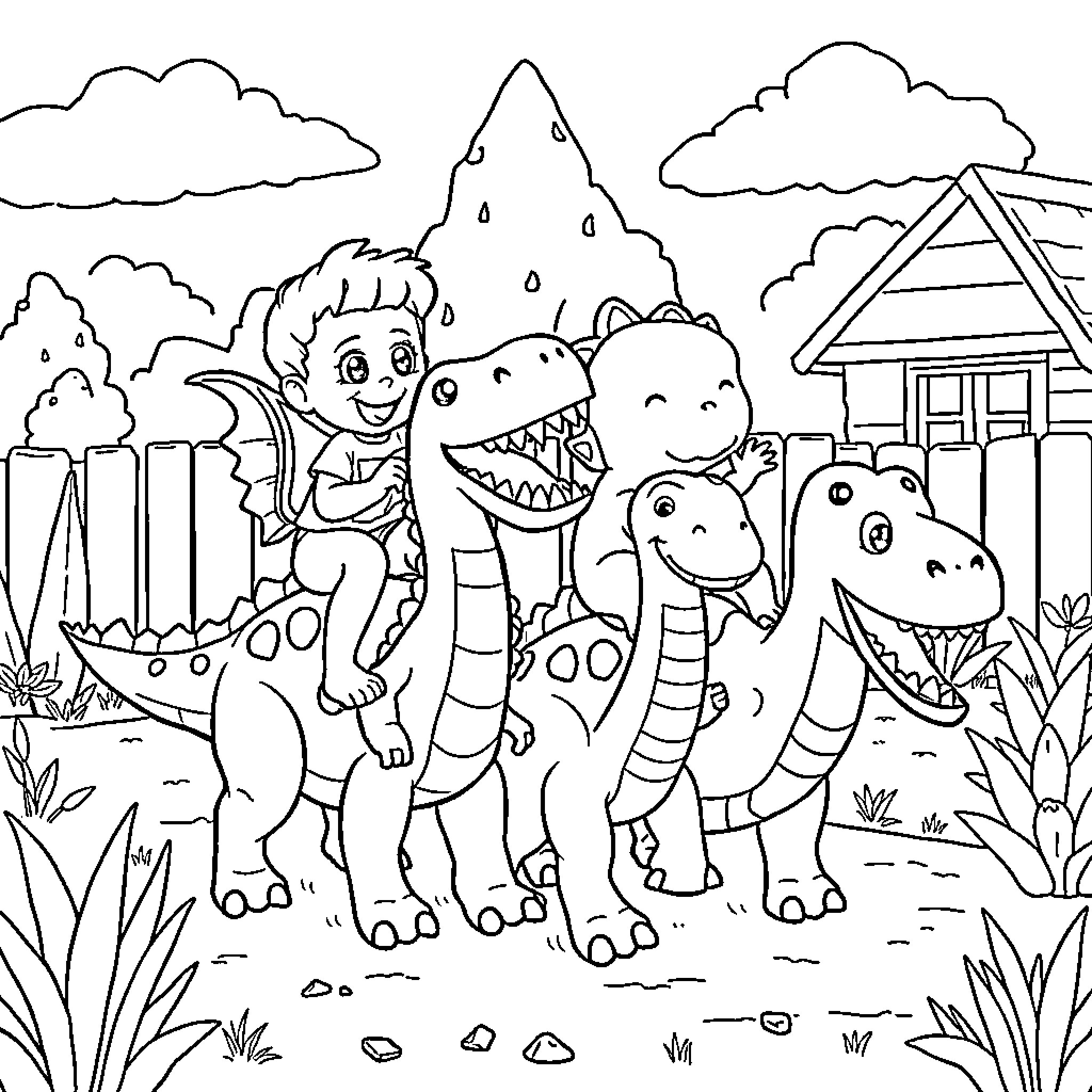 Bluey and Friends Explore the Enchanted Dinosaur Habitat Coloring Page (free black-and-white line drawing printable PDF for all, from beginners to advanced learners, including children, teens, adults, and seniors)