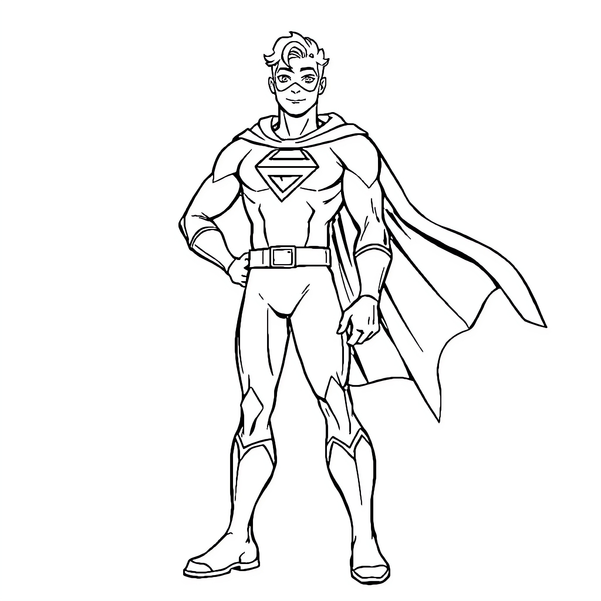Superhero in Iconic Pose and Costume Coloring Page (free black-and-white line drawing printable PDF for all, from beginners to advanced learners, including children, teens, adults, and seniors)