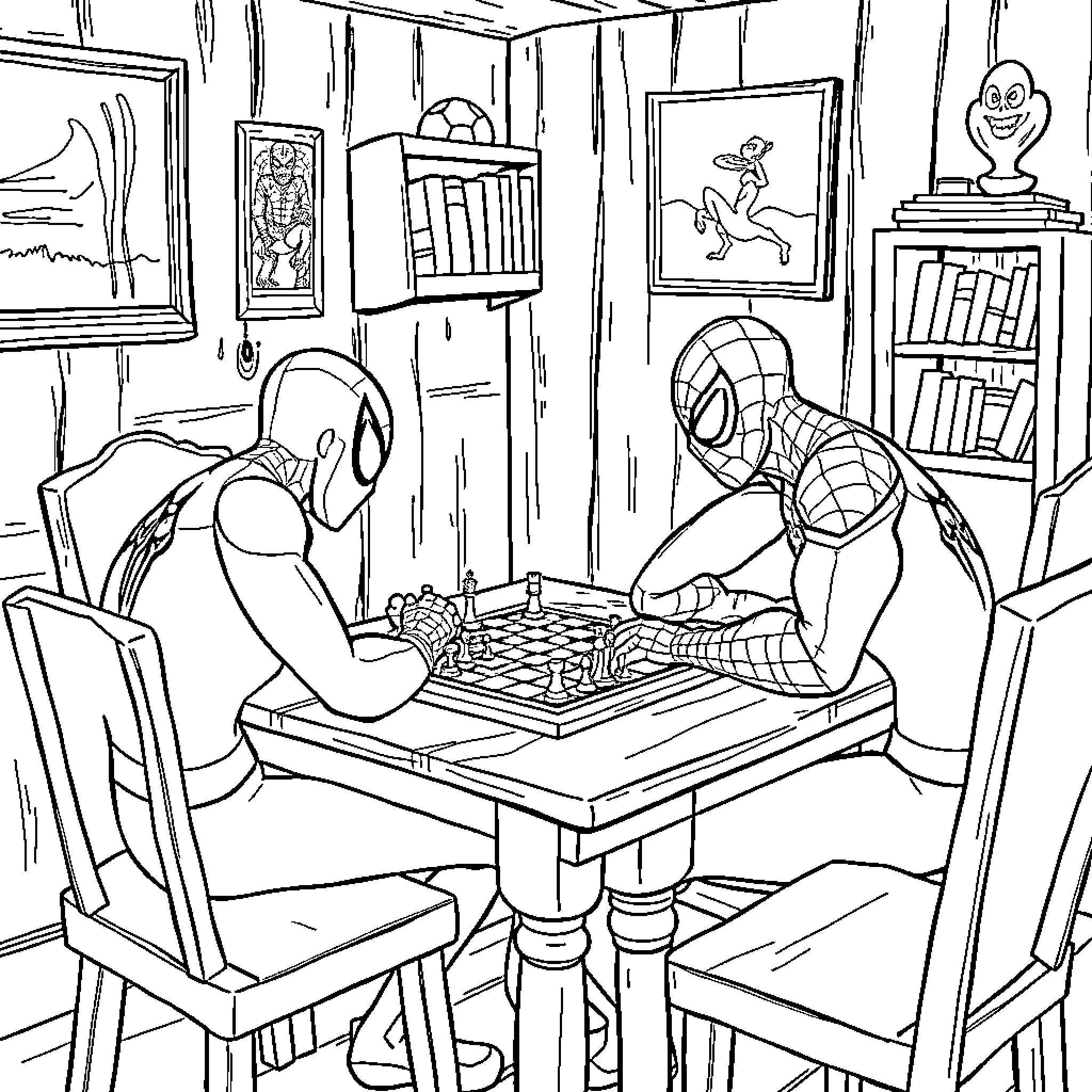 Spiderman engages in a friendly chess match Coloring Page (free black-and-white line drawing printable PDF for all, from beginners to advanced learners, including children, teens, adults, and seniors)