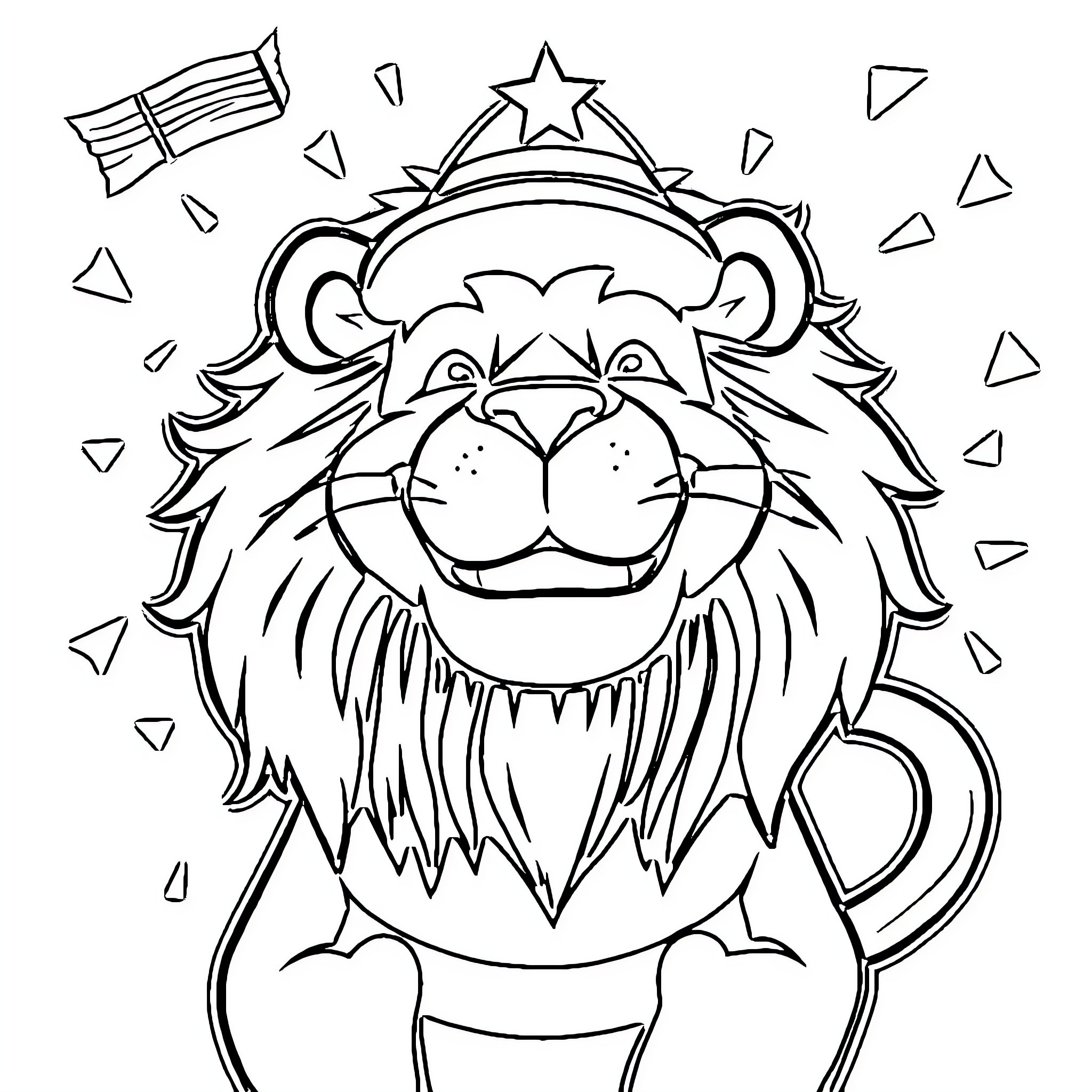 Lion wearing a party hat and celebrating Coloring Page (free black-and-white line drawing printable PDF for all, from beginners to advanced learners, including children, teens, adults, and seniors)