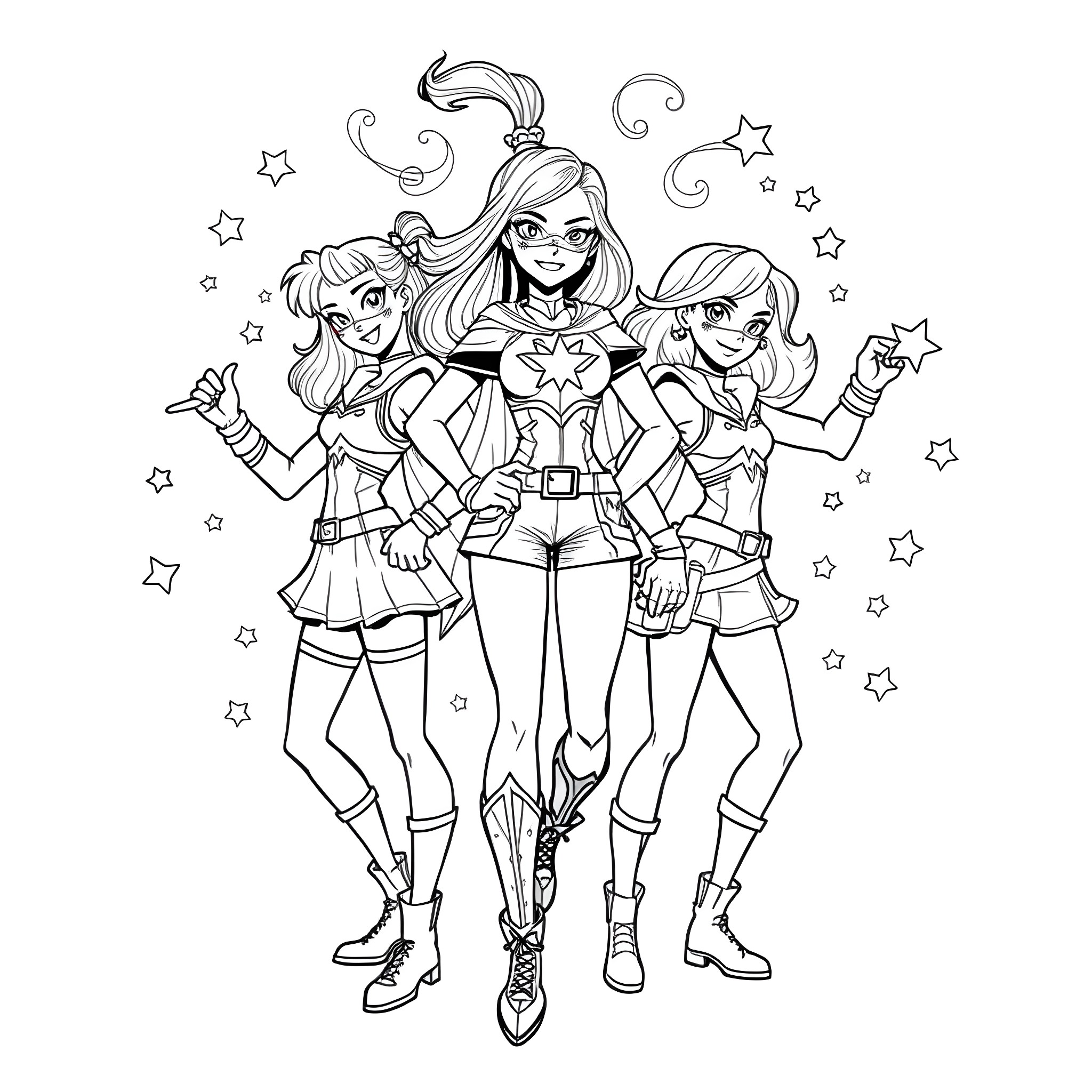 Powerpuff Girls in Stylish Superhero Outfits Coloring Page (free black-and-white line drawing printable PDF for all, from beginners to advanced learners, including children, teens, adults, and seniors)