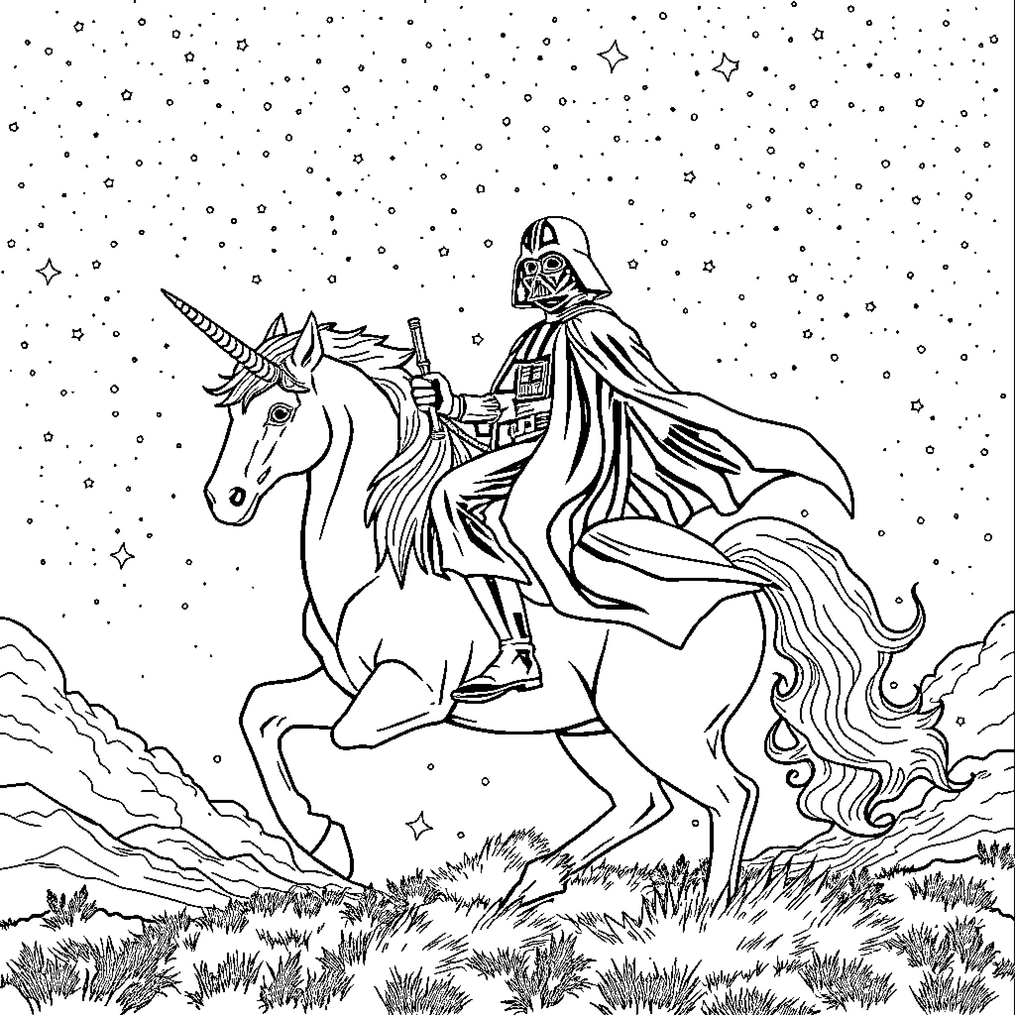 Darth Vader riding a unicorn in a starry night Coloring Page (free black-and-white line drawing printable PDF for all, from beginners to advanced learners, including children, teens, adults, and seniors)