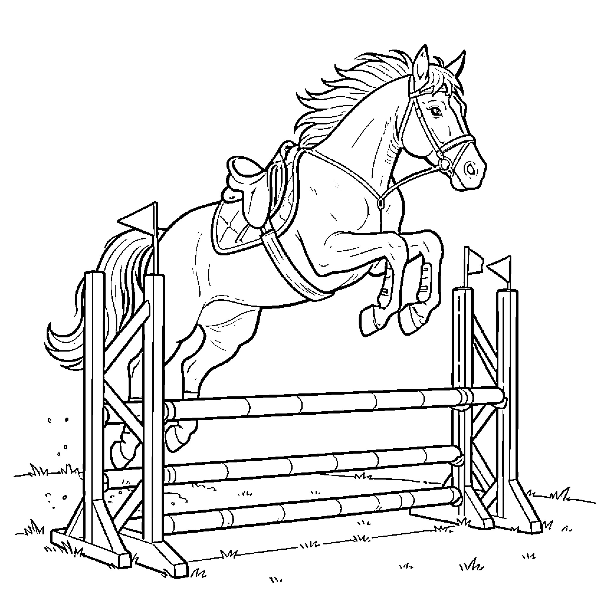 Shire horse jumping over a hurdle obstacle Coloring Page (free black-and-white line drawing printable PDF for all, from beginners to advanced learners, including children, teens, adults, and seniors)