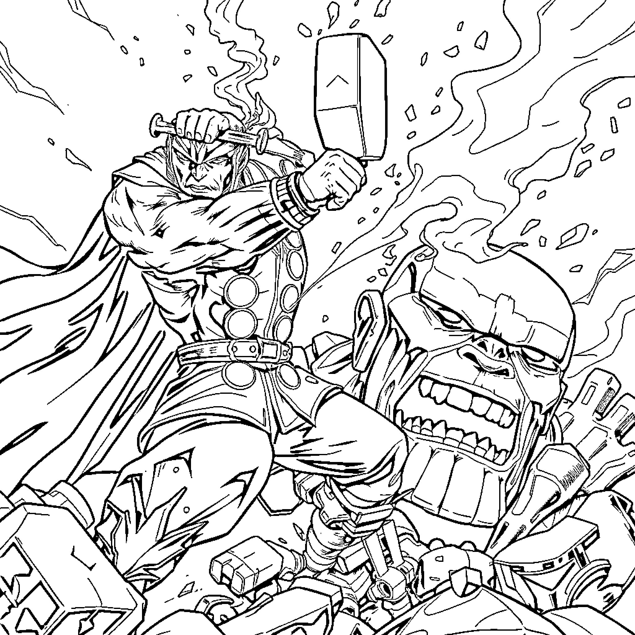 Thor's Mighty Clash with Mighty Foes Coloring Page (free black-and-white line drawing printable PDF for all, from beginners to advanced learners, including children, teens, adults, and seniors)