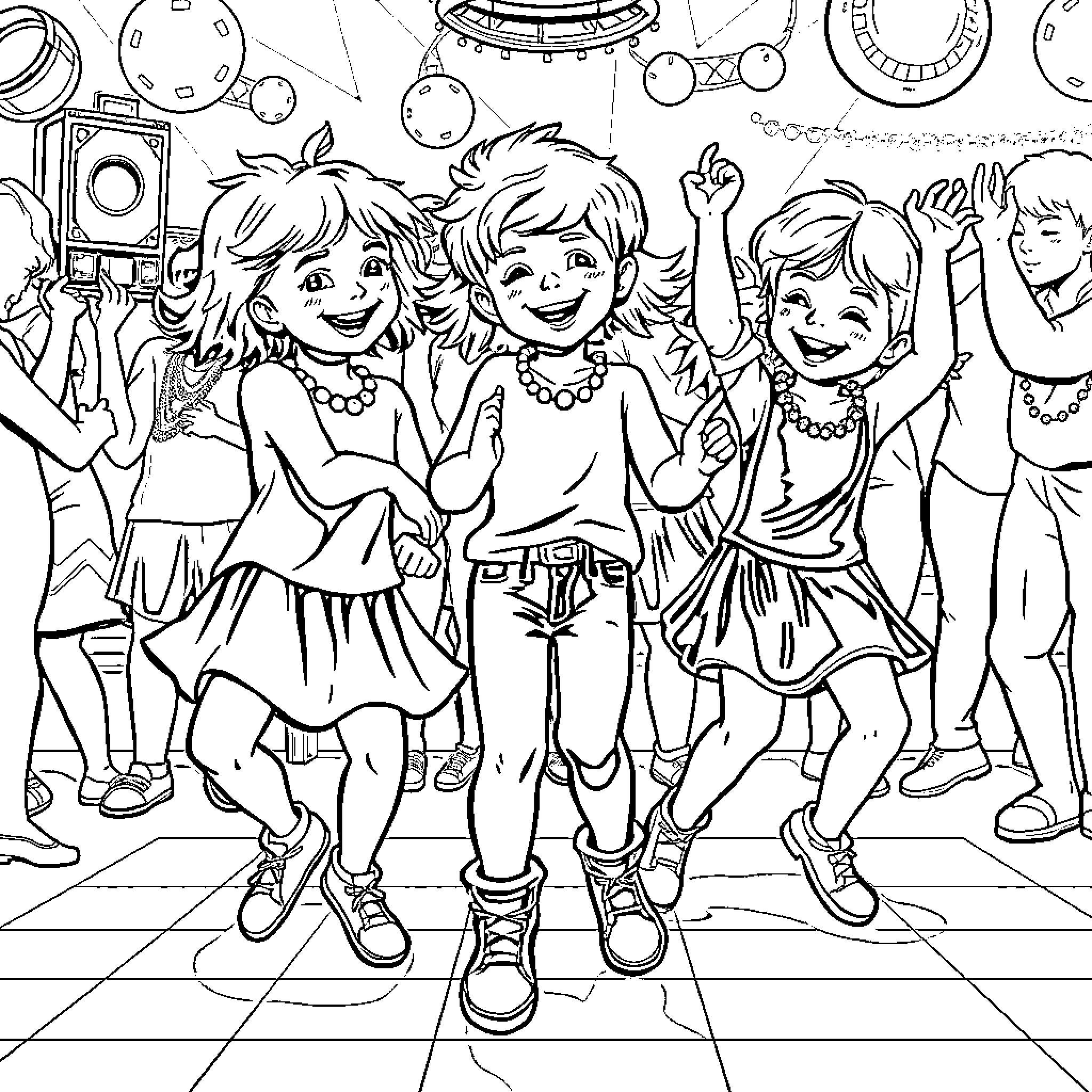 Baby girls celebrating and dancing happily Coloring Page (free black-and-white line drawing printable PDF for all, from beginners to advanced learners, including children, teens, adults, and seniors)