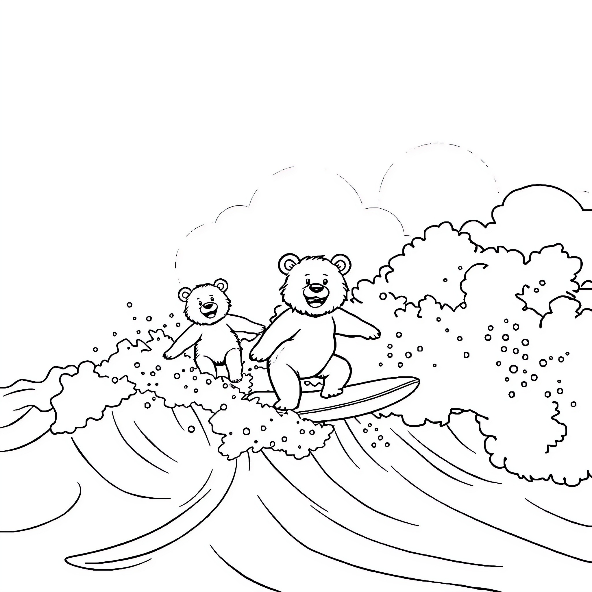 Bear surfing cheerfully in the waves Coloring Page (free black-and-white line drawing printable PDF for all, from beginners to advanced learners, including children, teens, adults, and seniors)