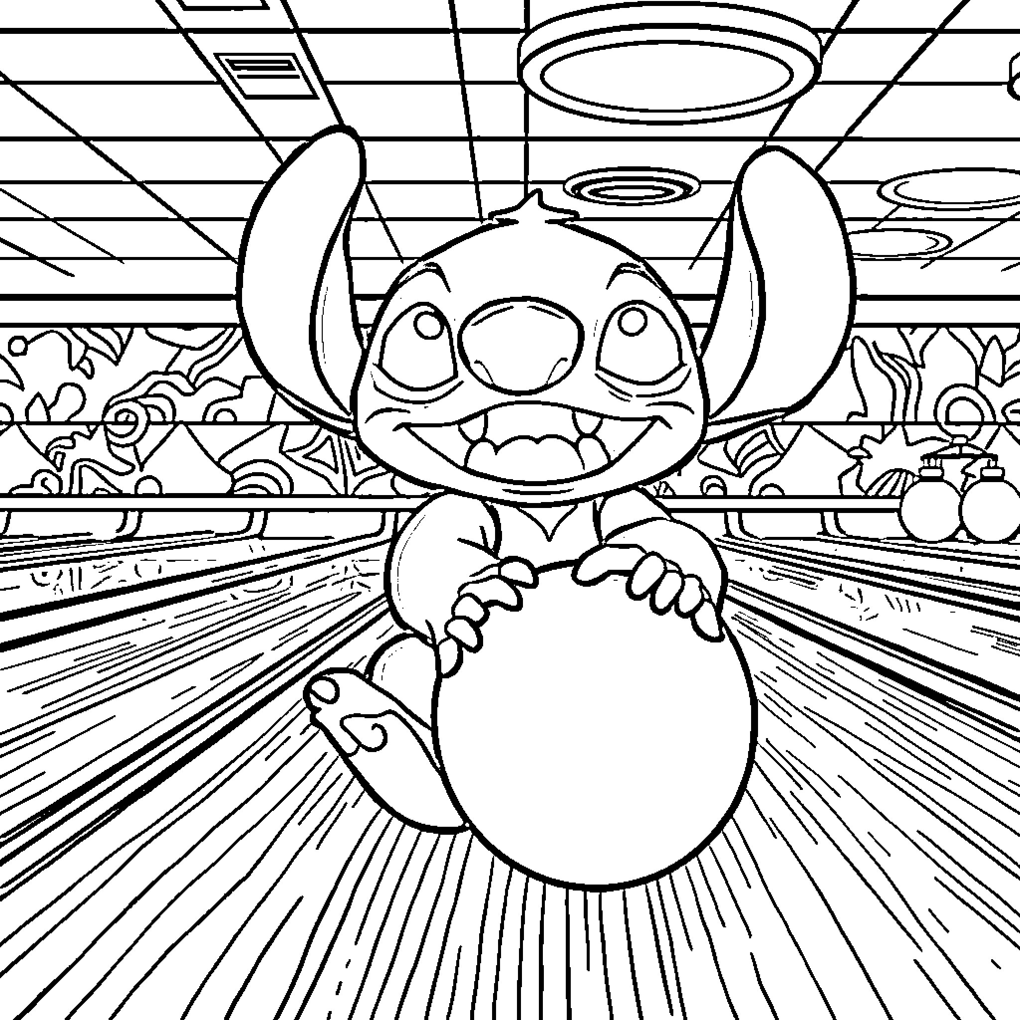 Stitch in a Whimsical Cosmic Setting Coloring Page (free black-and-white line drawing printable PDF for all, from beginners to advanced learners, including children, teens, adults, and seniors)