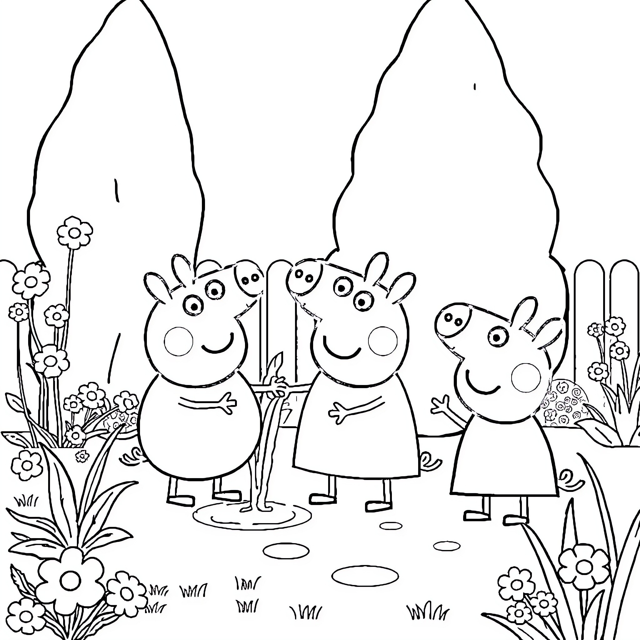 Peppa Pig and friends playing in the park Coloring Page (free black-and-white line drawing printable PDF for all, from beginners to advanced learners, including children, teens, adults, and seniors)