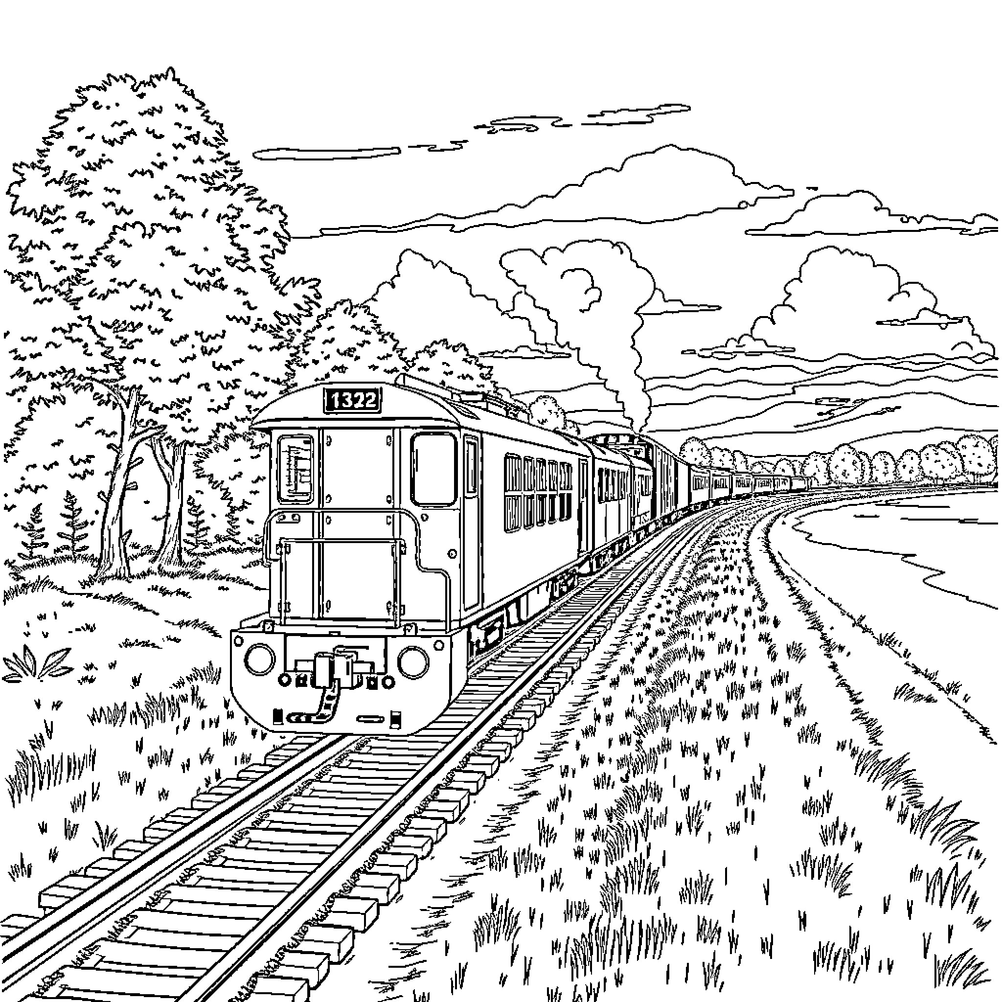 Train traveling through scenic countryside Coloring Page (free black-and-white line drawing printable PDF for all, from beginners to advanced learners, including children, teens, adults, and seniors)