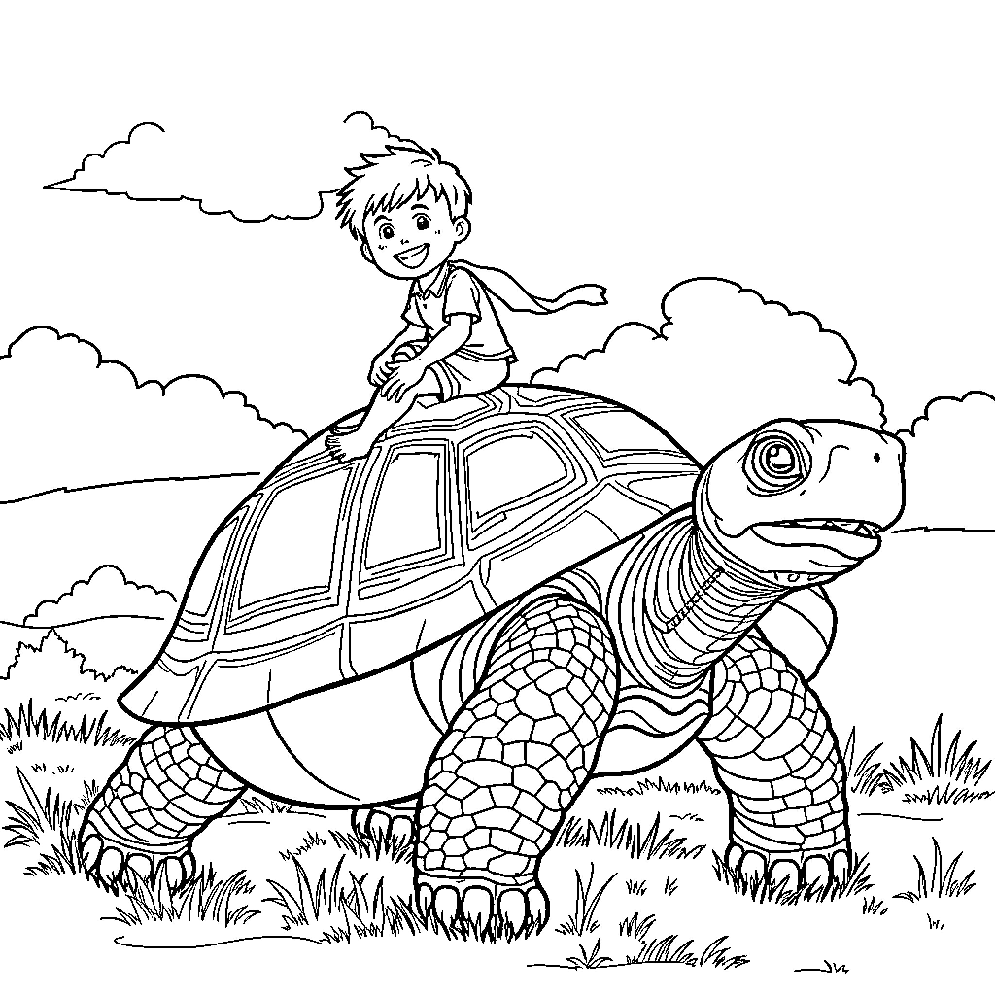 Tortoise and the boy in the meadow Coloring Page (free black-and-white line drawing printable PDF for all, from beginners to advanced learners, including children, teens, adults, and seniors)