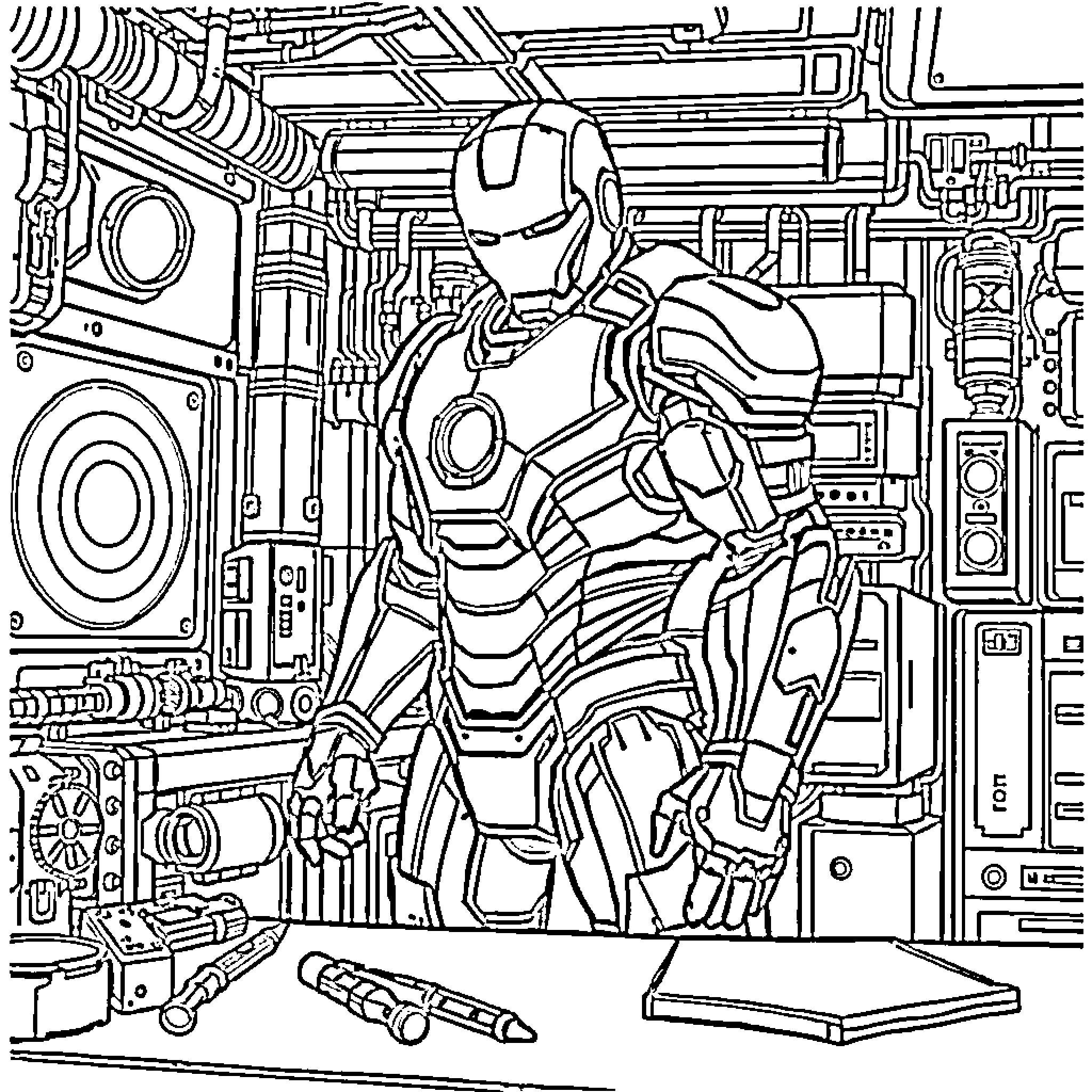 Iron Man Suits Up in Futuristic Tech Lab Coloring Page (free black-and-white line drawing printable PDF for all, from beginners to advanced learners, including children, teens, adults, and seniors)