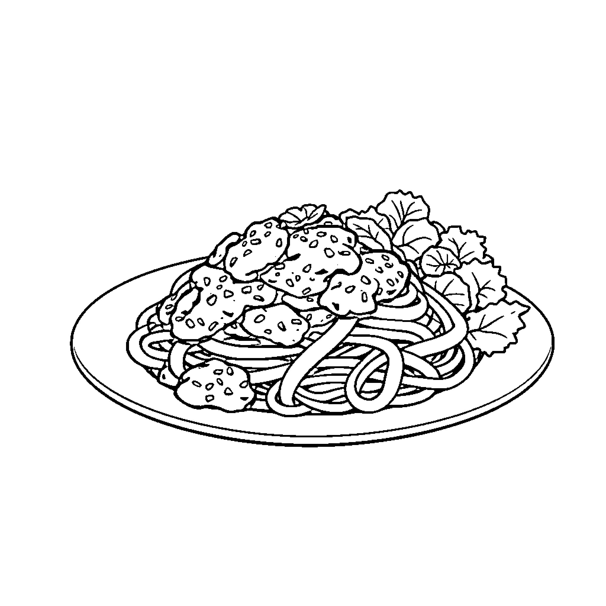 Pasta dish with vegetables and herbs Coloring Page (free black-and-white line drawing printable PDF for all, from beginners to advanced learners, including children, teens, adults, and seniors)