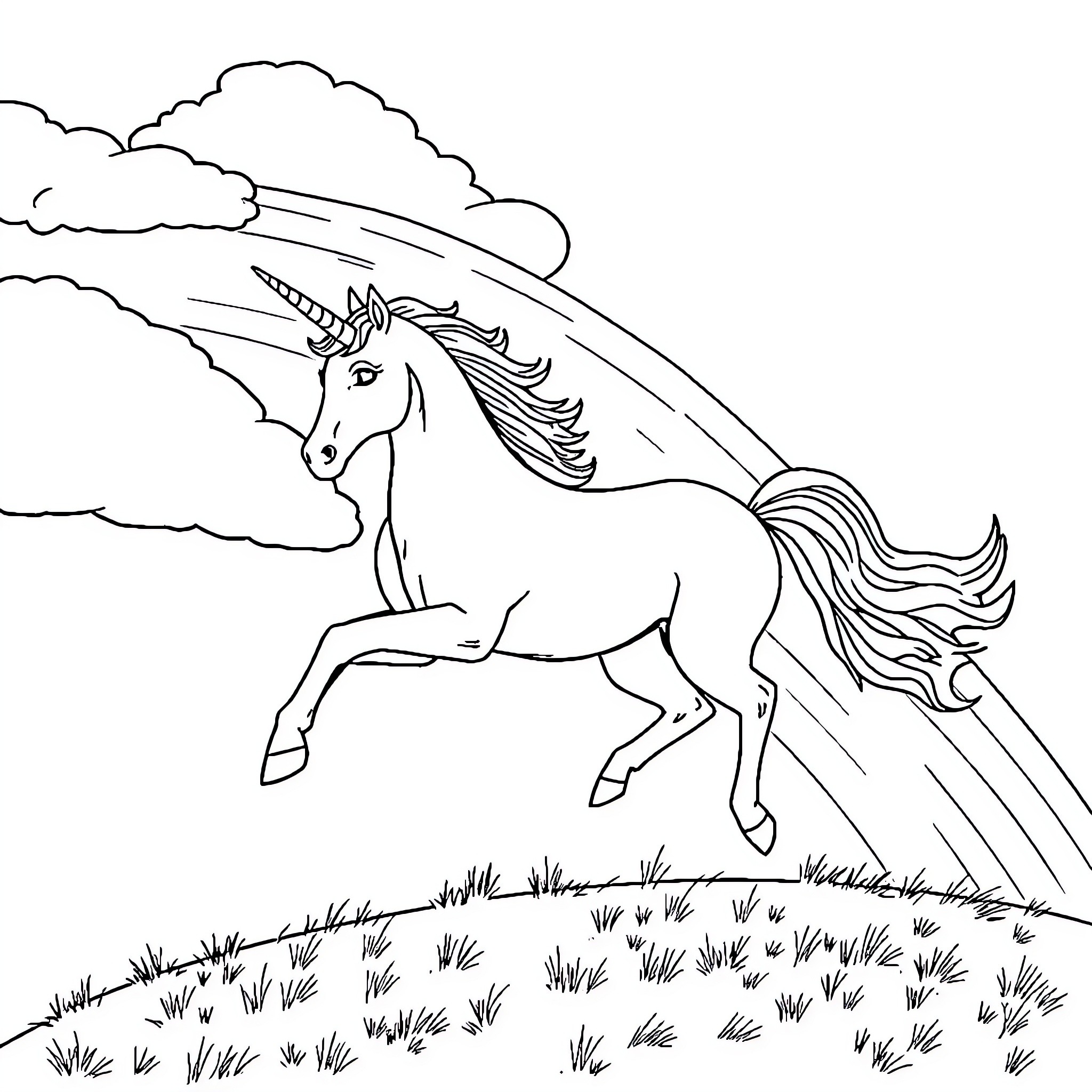 Unicorn galloping gracefully through a magical landscape Coloring Page (free black-and-white line drawing printable PDF for all, from beginners to advanced learners, including children, teens, adults, and seniors)