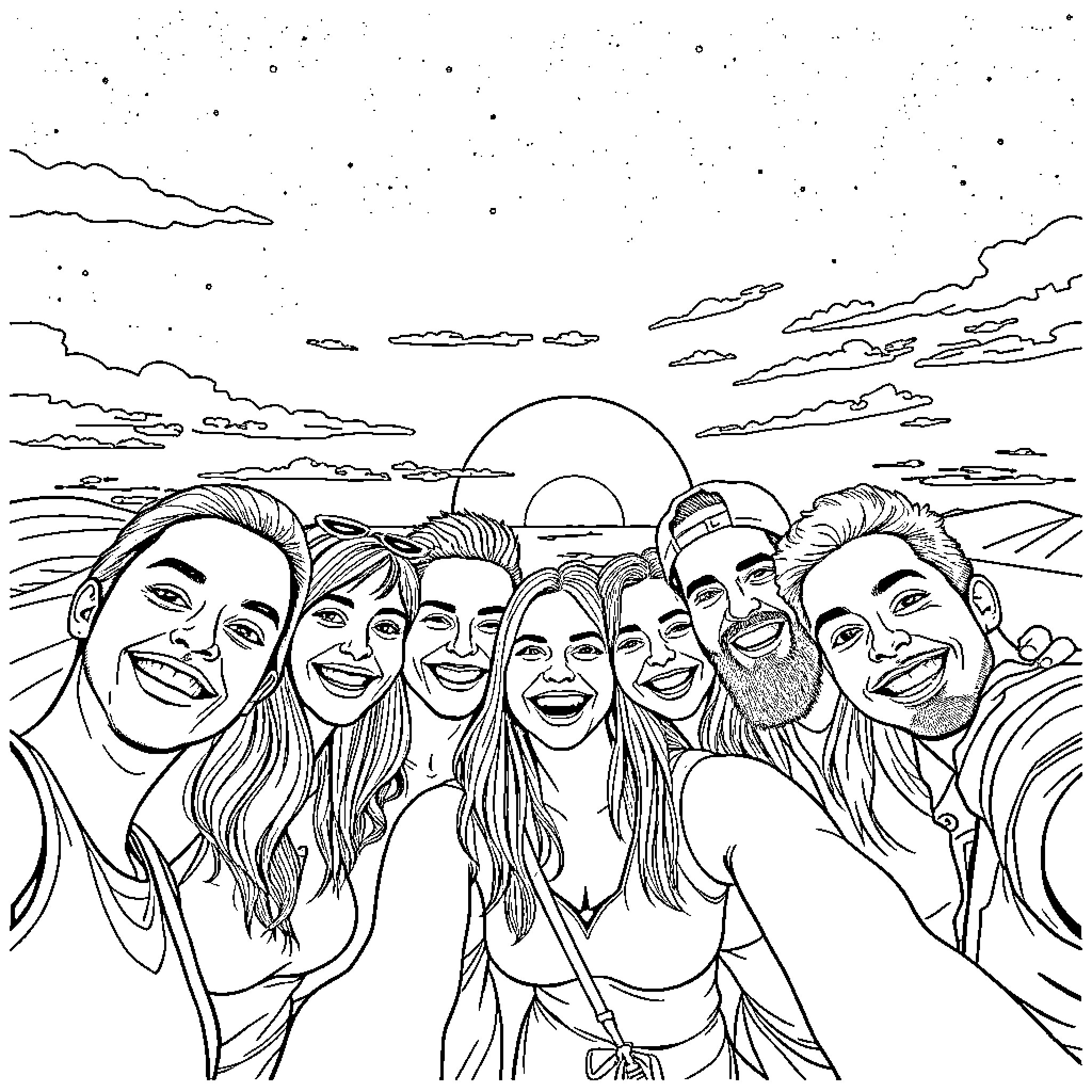 Selfie of a group enjoying the sunset outdoors Coloring Page (free black-and-white line drawing printable PDF for all, from beginners to advanced learners, including children, teens, adults, and seniors)