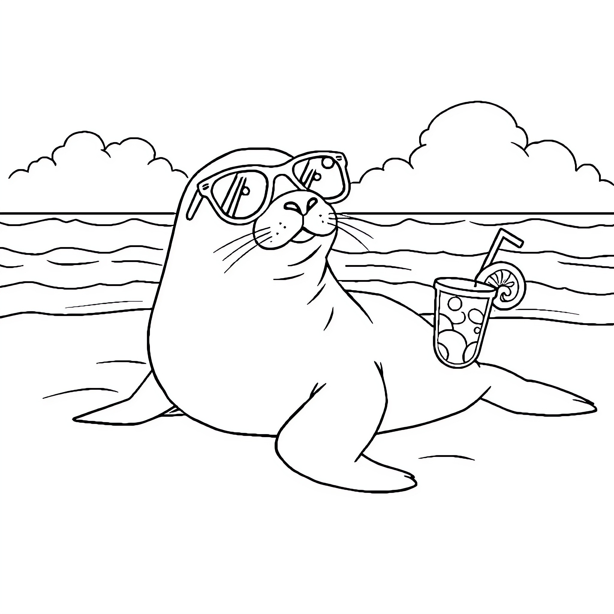 Seal relaxing on the beach with sunglasses and a drink Coloring Page (free black-and-white line drawing printable PDF for all, from beginners to advanced learners, including children, teens, adults, and seniors)