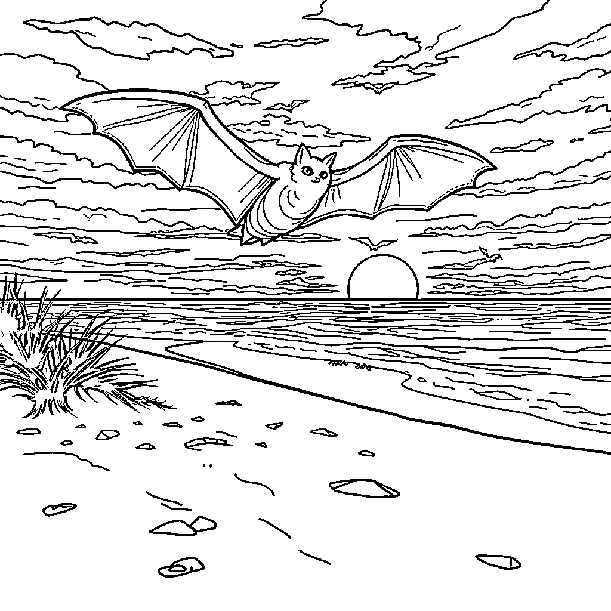 Bat flying over scenic beach at sunset Coloring Page (free black-and-white line drawing printable PDF for all, from beginners to advanced learners, including children, teens, adults, and seniors)