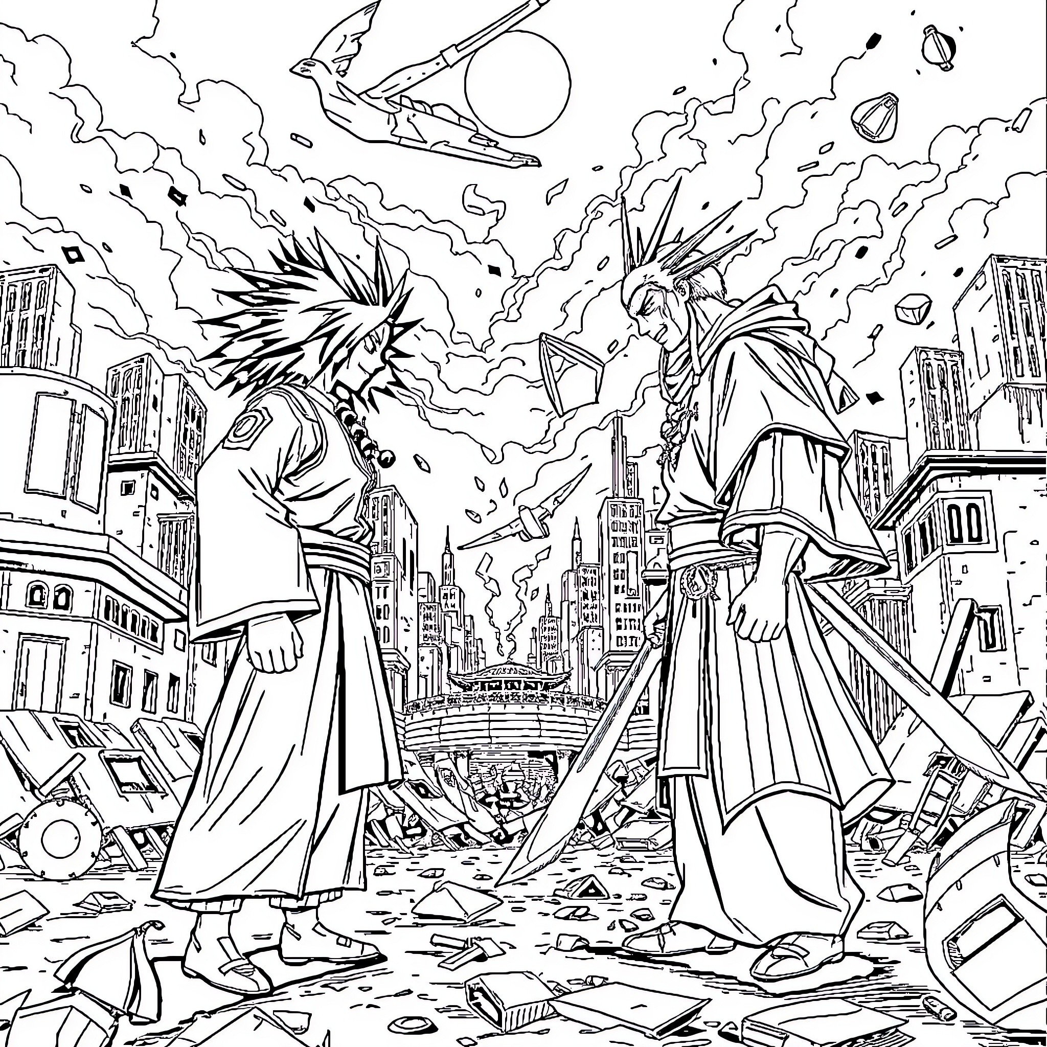Sukuna's Unleashed Wrath - A Cataclysmic Battle Unfolds Coloring Page (free black-and-white line drawing printable PDF for all, from beginners to advanced learners, including children, teens, adults, and seniors)
