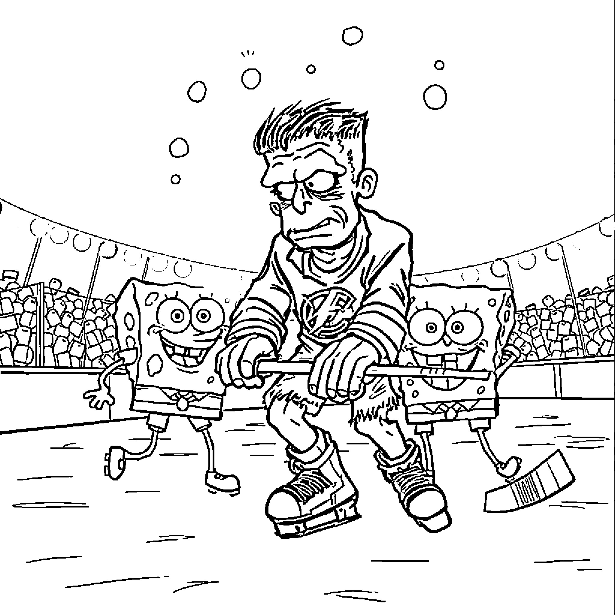 Frankenstein's Monster Visits a Carnival Coloring Page (free black-and-white line drawing printable PDF for all, from beginners to advanced learners, including children, teens, adults, and seniors)