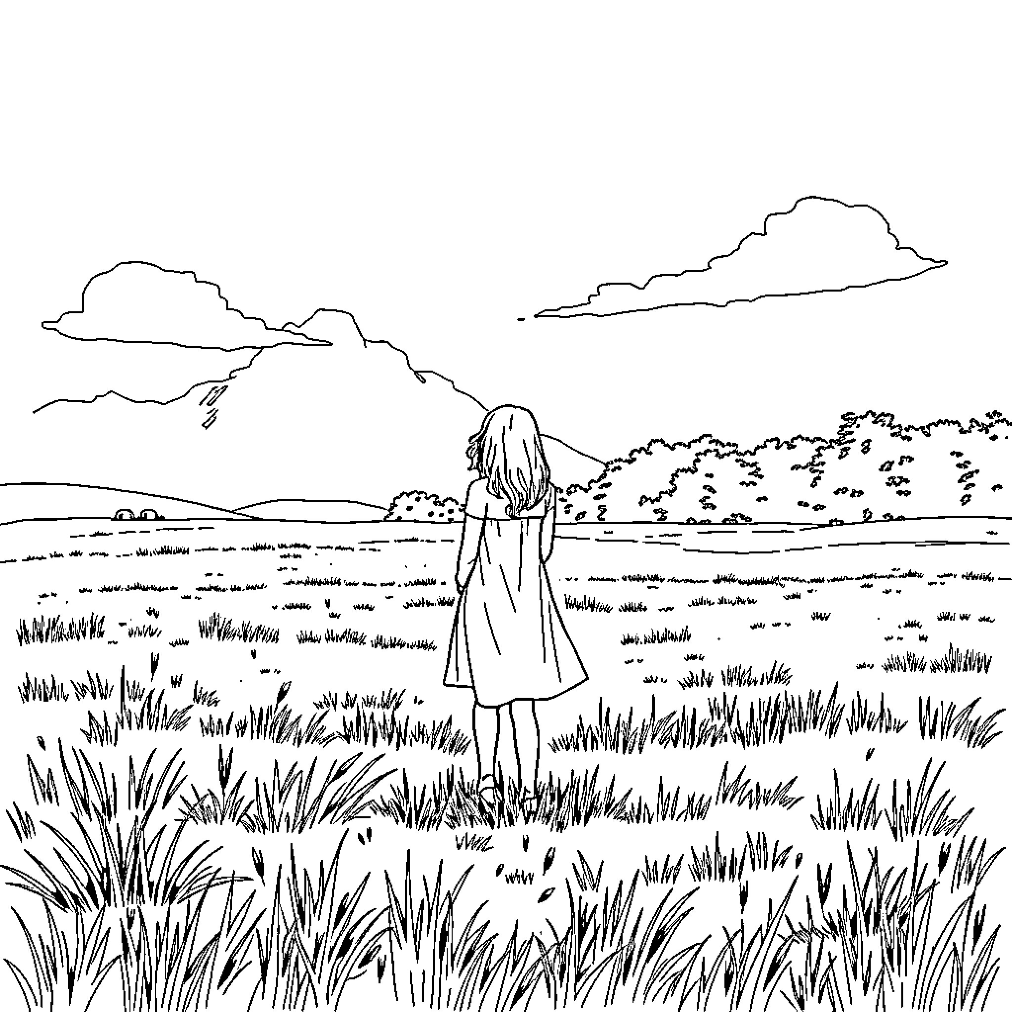 Woman standing in a grassy field with distant mountains Coloring Page (free black-and-white line drawing printable PDF for all, from beginners to advanced learners, including children, teens, adults, and seniors)