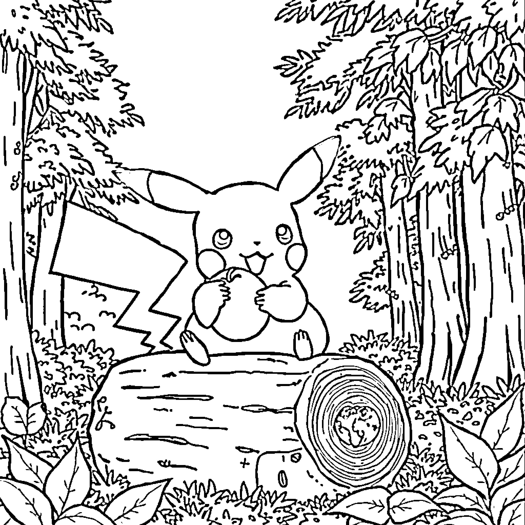 Pikachu exploring the forest Coloring Page (free black-and-white line drawing printable PDF for all, from beginners to advanced learners, including children, teens, adults, and seniors)